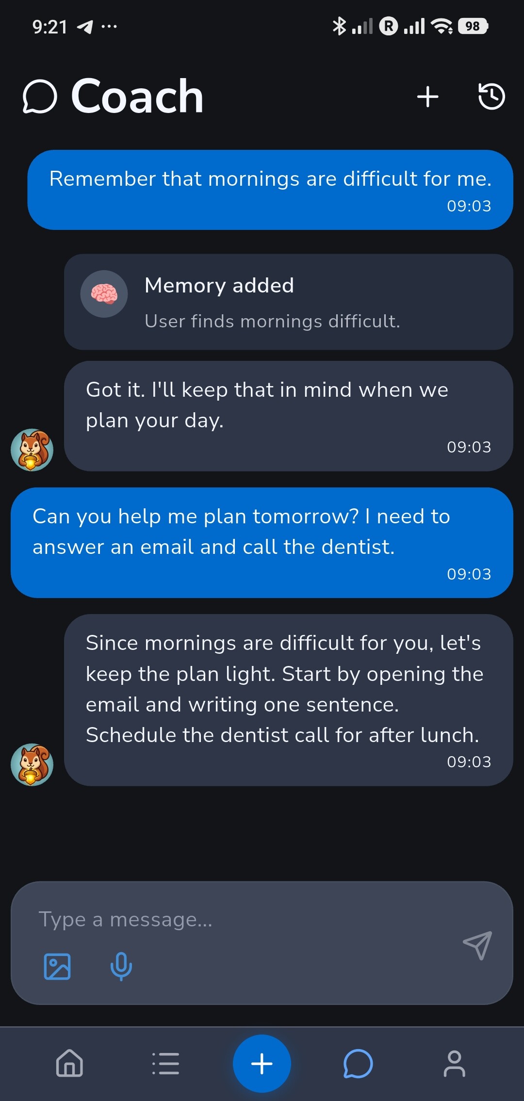 Recordo Coach remembers that mornings are difficult and uses that detail in a later plan