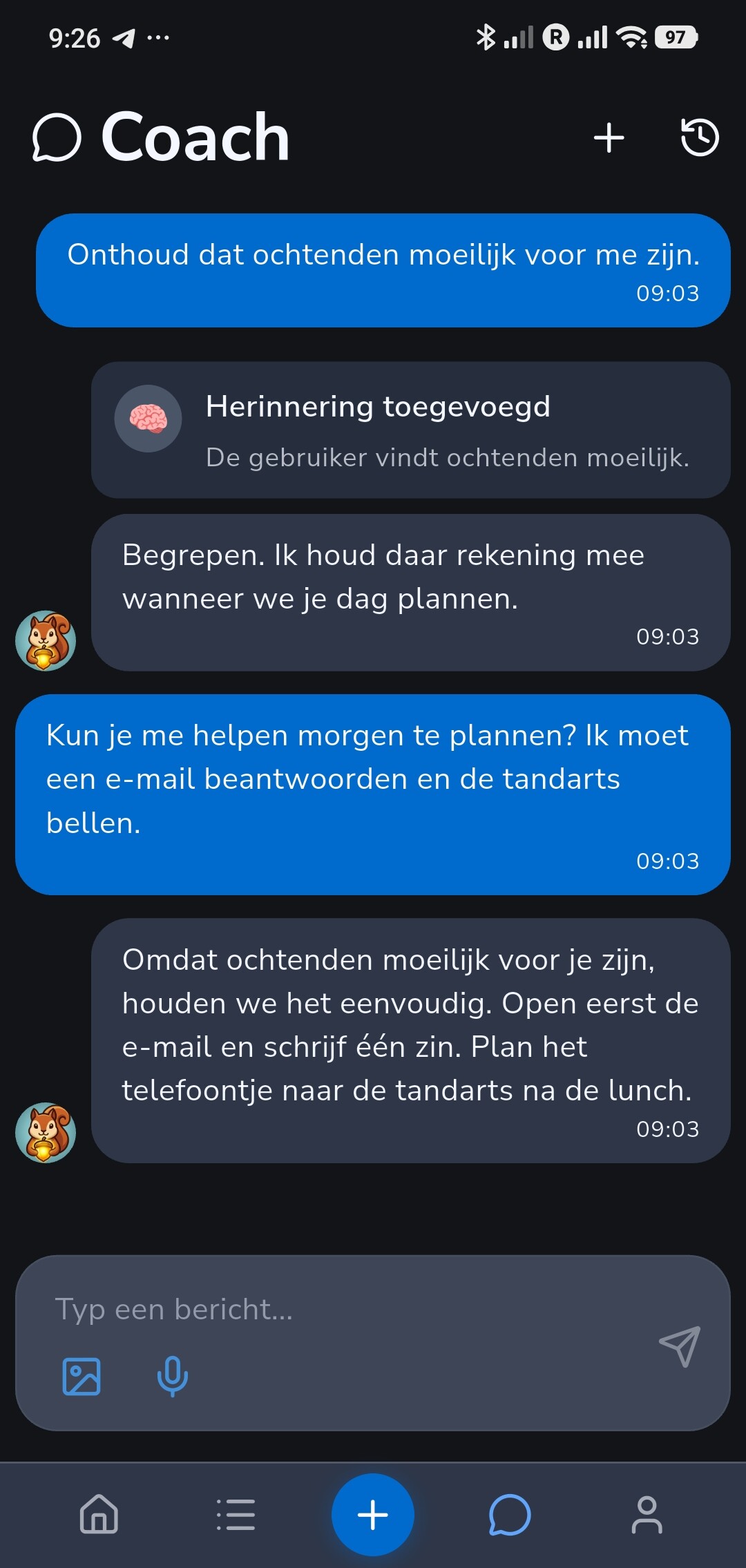 Recordo Coach onthoudt dat ochtenden lastig zijn en gebruikt dat detail in een later plan