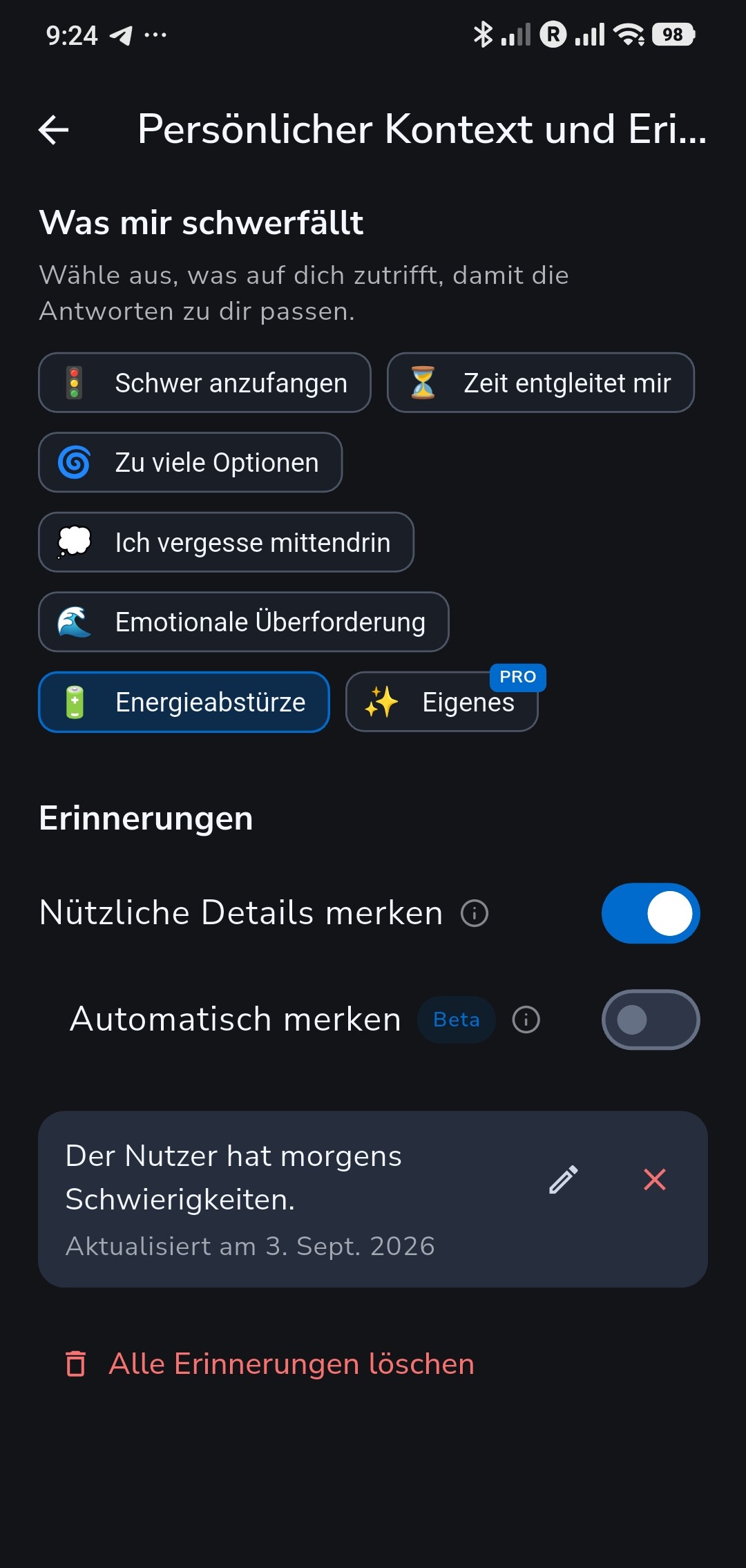Einstellungen für persönlichen Kontext und Erinnerungen in Recordo mit einer gespeicherten Erinnerung