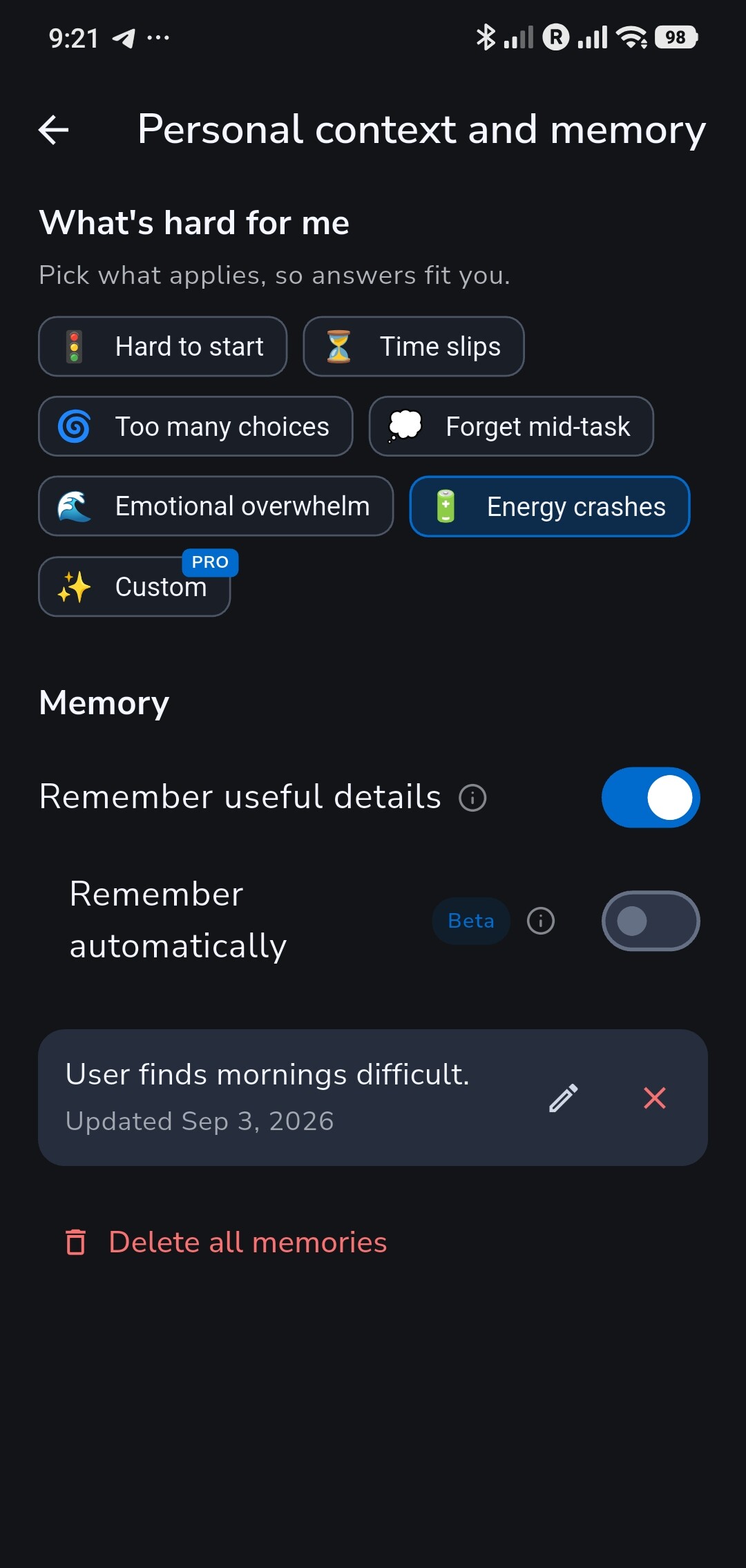Personal context and memory settings in Recordo with one saved memory
