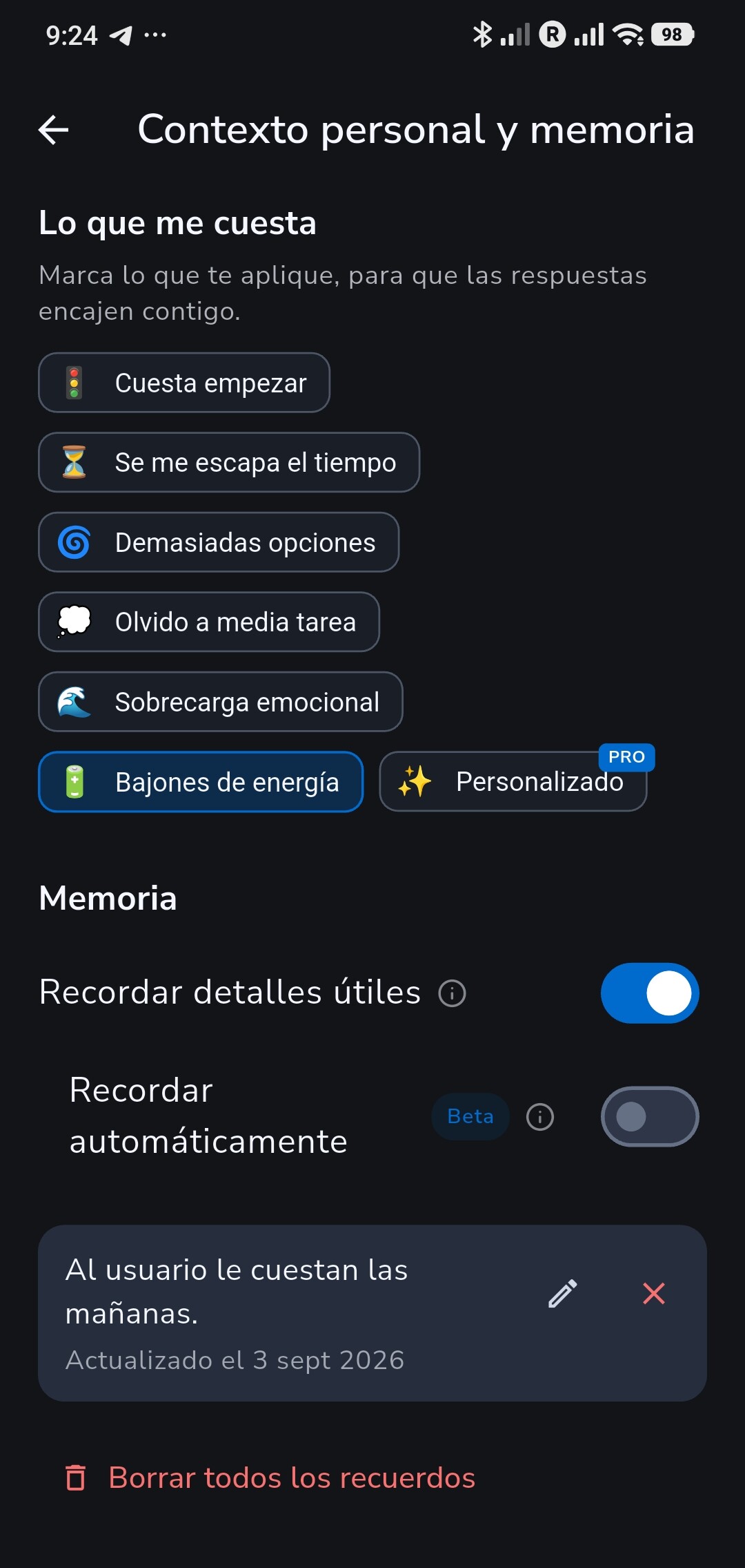 Configuración de Contexto personal y memoria en Recordo con un recuerdo guardado