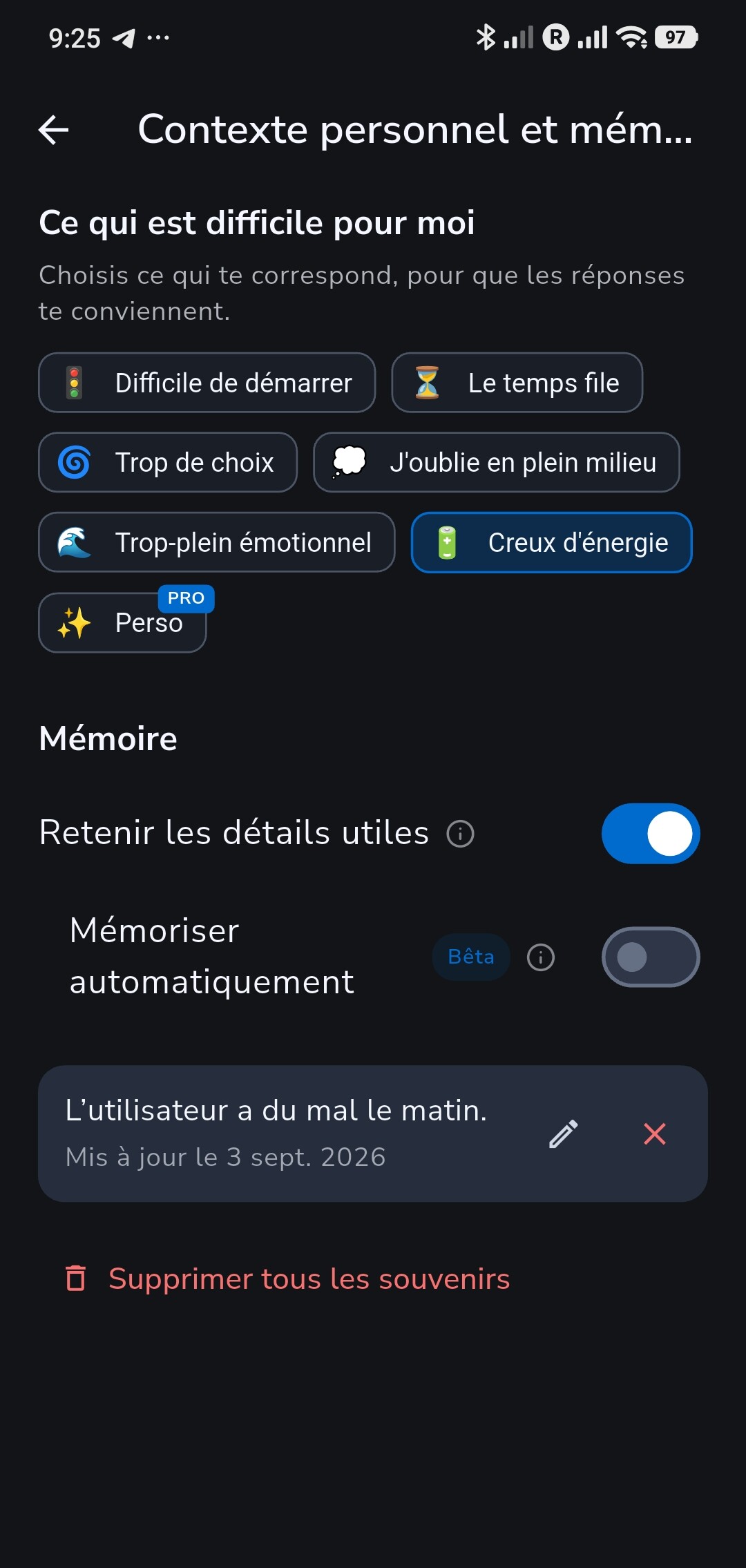 Paramètres de Contexte personnel et mémoire dans Recordo, avec un souvenir enregistré