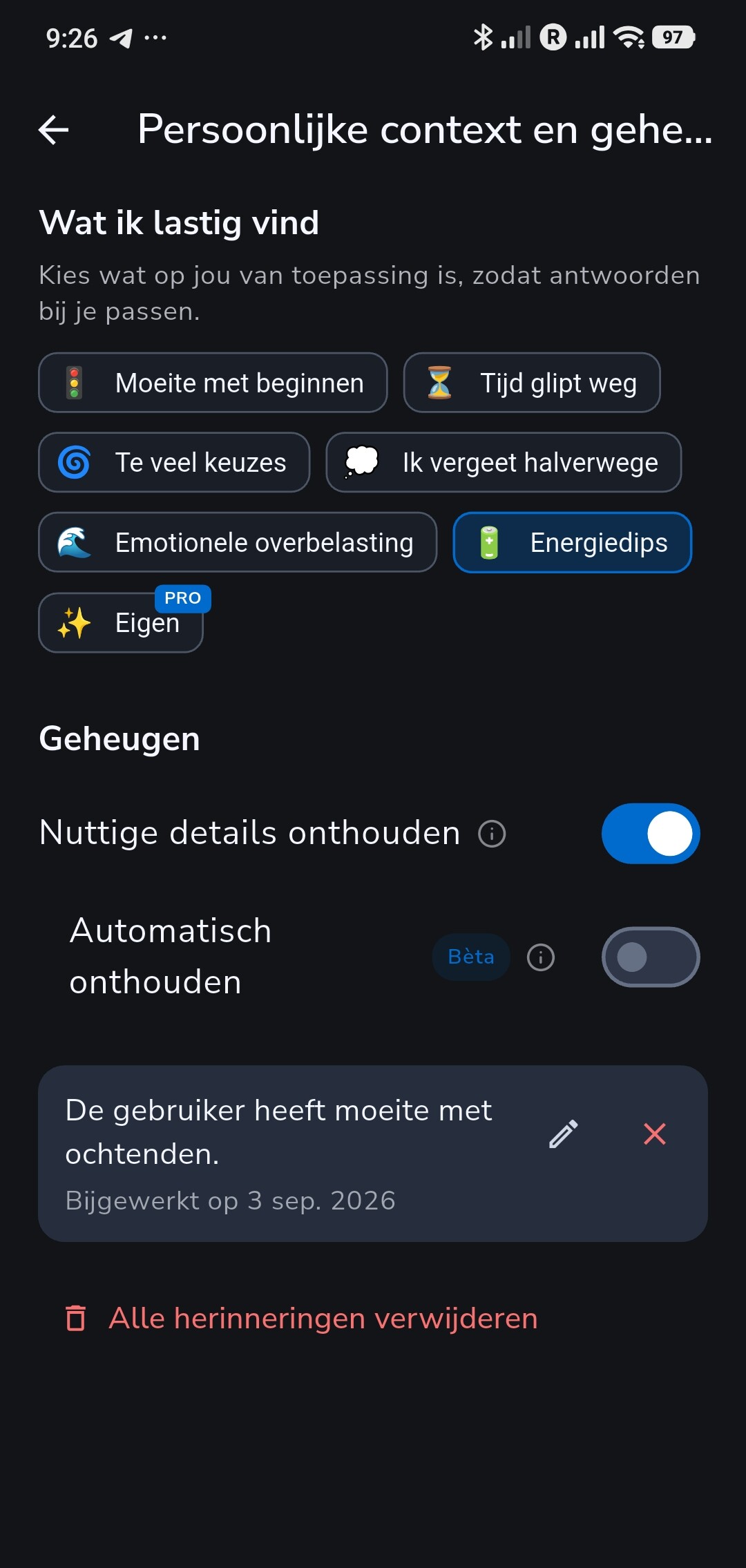 Instellingen voor Persoonlijke context en geheugen in Recordo, met één opgeslagen herinnering