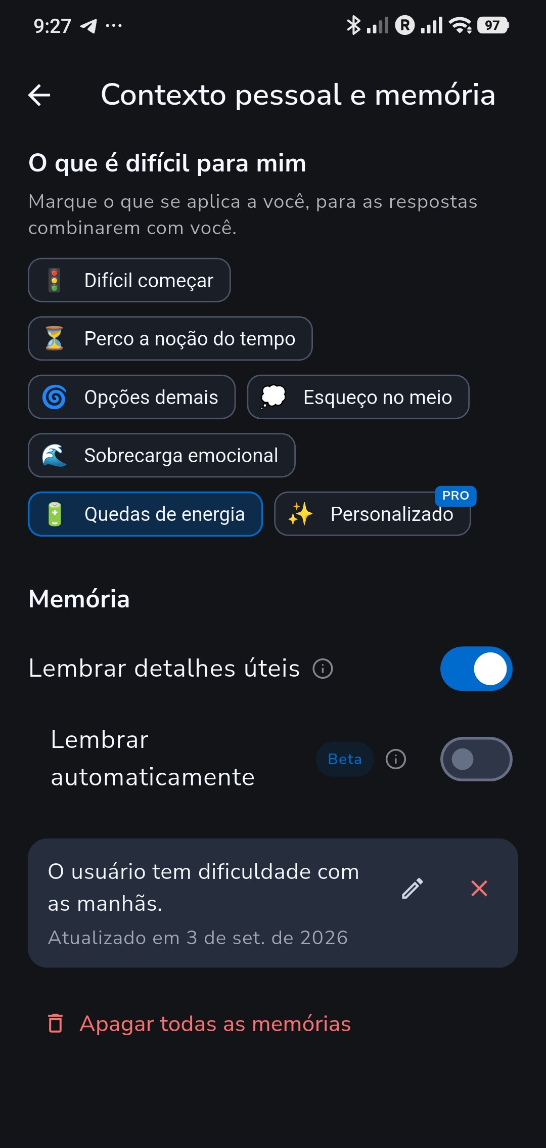 Configurações de Contexto pessoal e memória no Recordo com uma memória salva