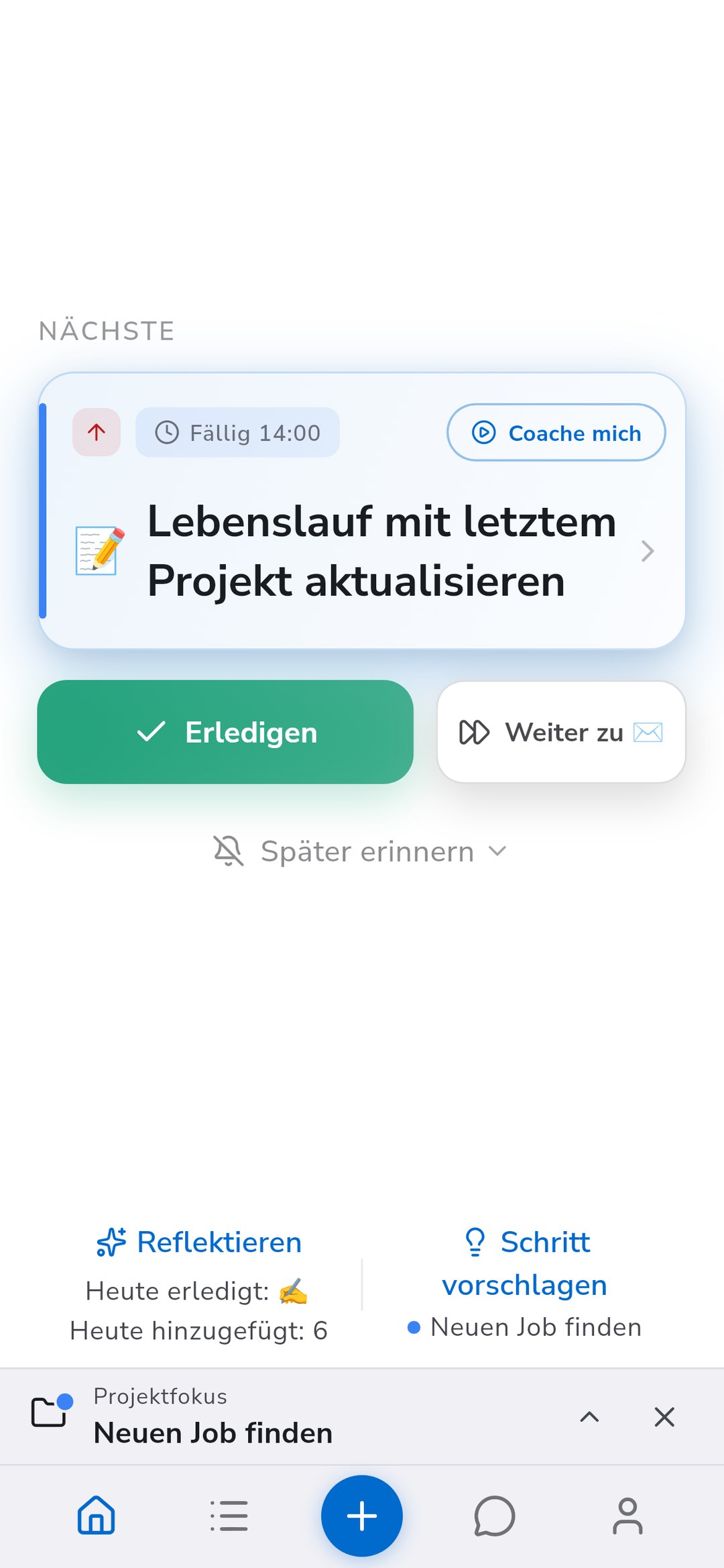 Recordo Start im Projektfokus mit der nächsten Aufgabe aus dem Jobprojekt und der Fokusleiste