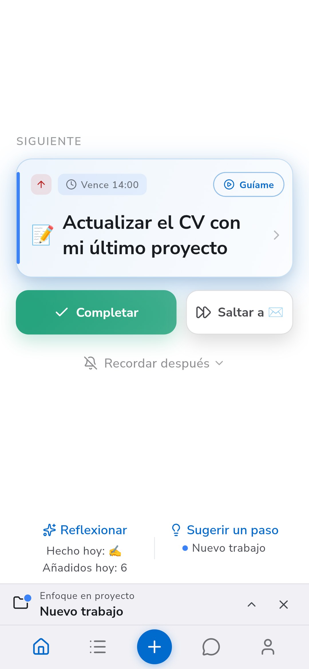 Inicio de Recordo con enfoque en proyecto: la siguiente tarea del proyecto de trabajo y la barra de enfoque