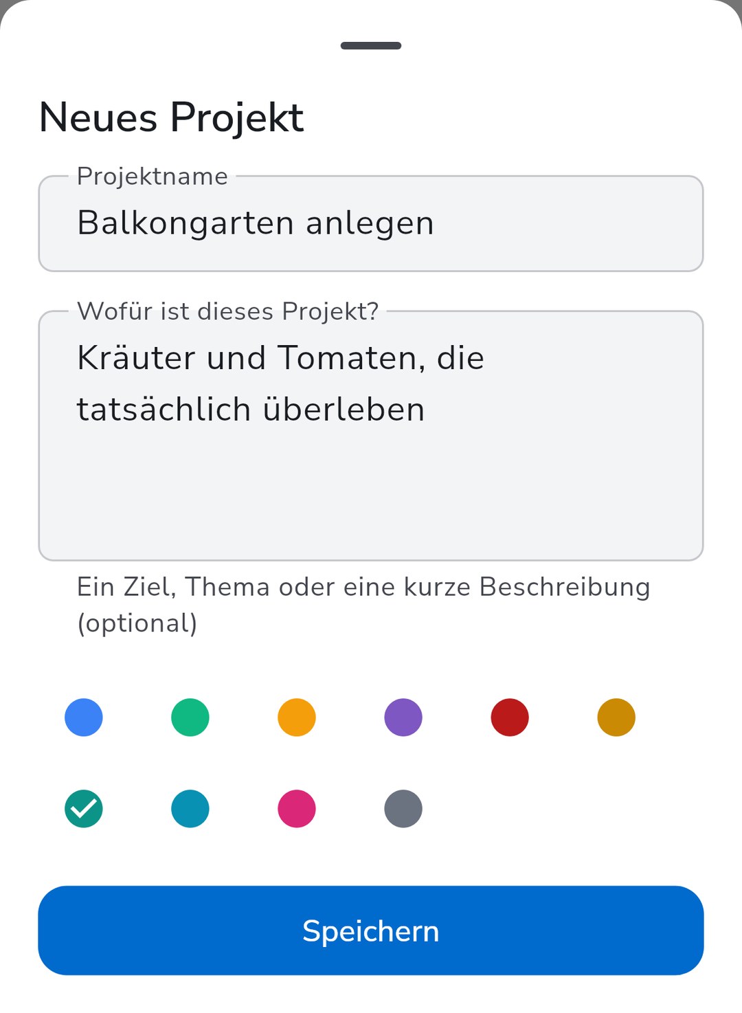 Ein neues Projekt in Recordo anlegen: Name, eine kurze Beschreibung, wofür es ist, und eine Farbe