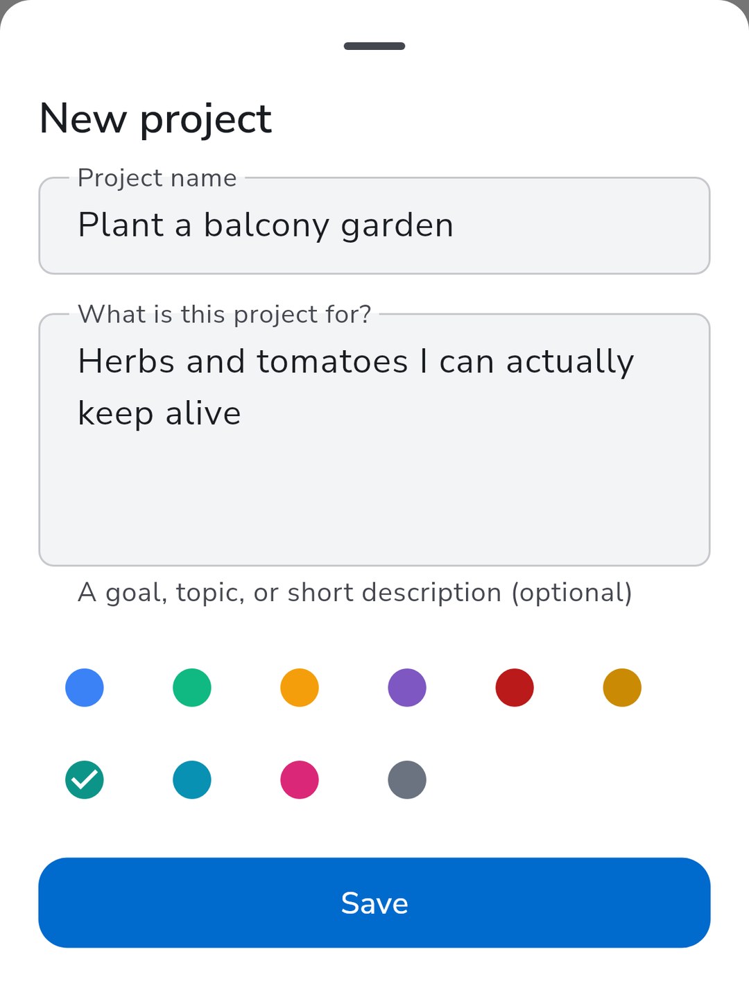 Creating a new project in Recordo with a name, a short description of what it is for, and a color