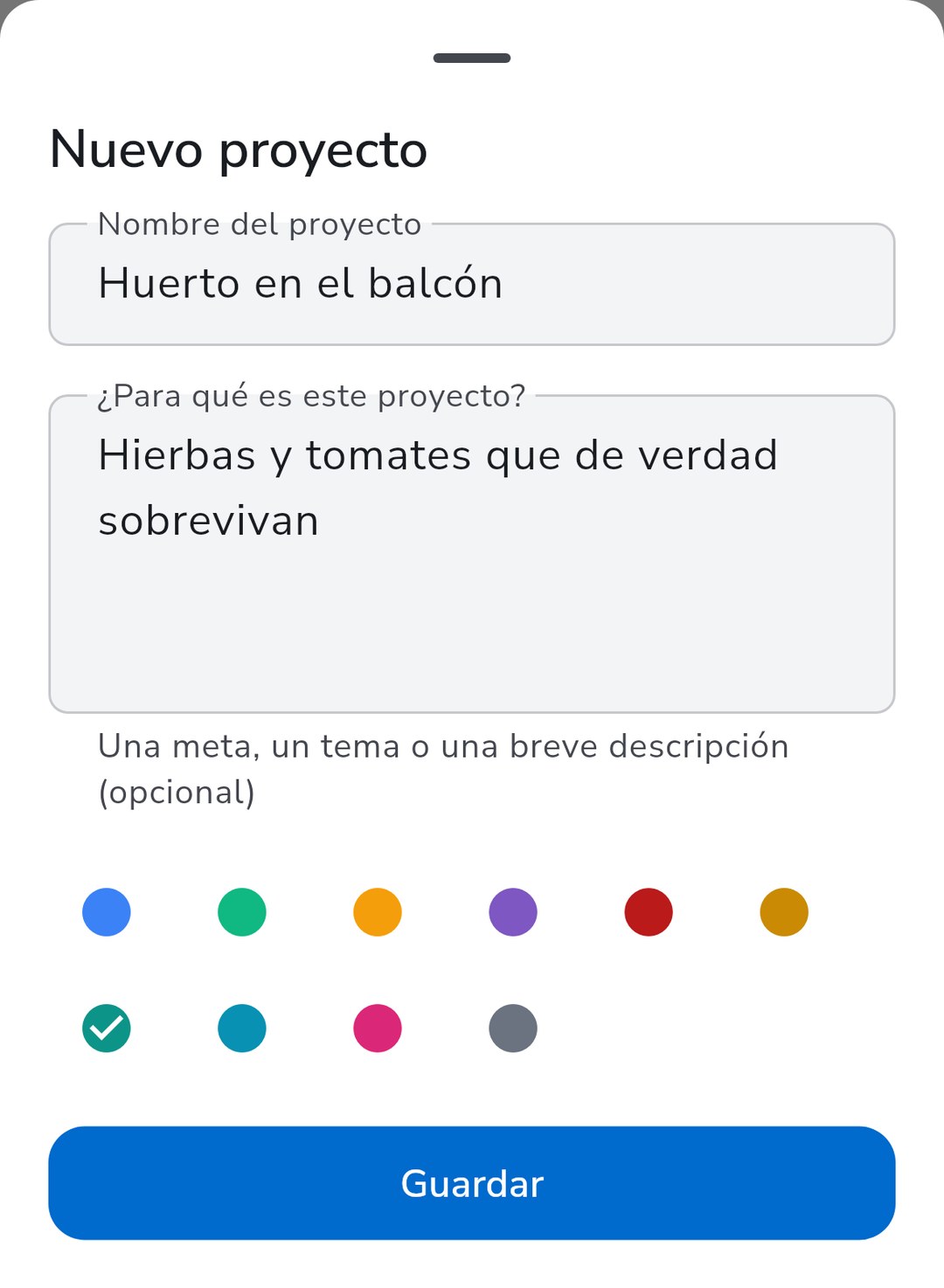 Crear un proyecto nuevo en Recordo con un nombre, una breve descripción de para qué es y un color
