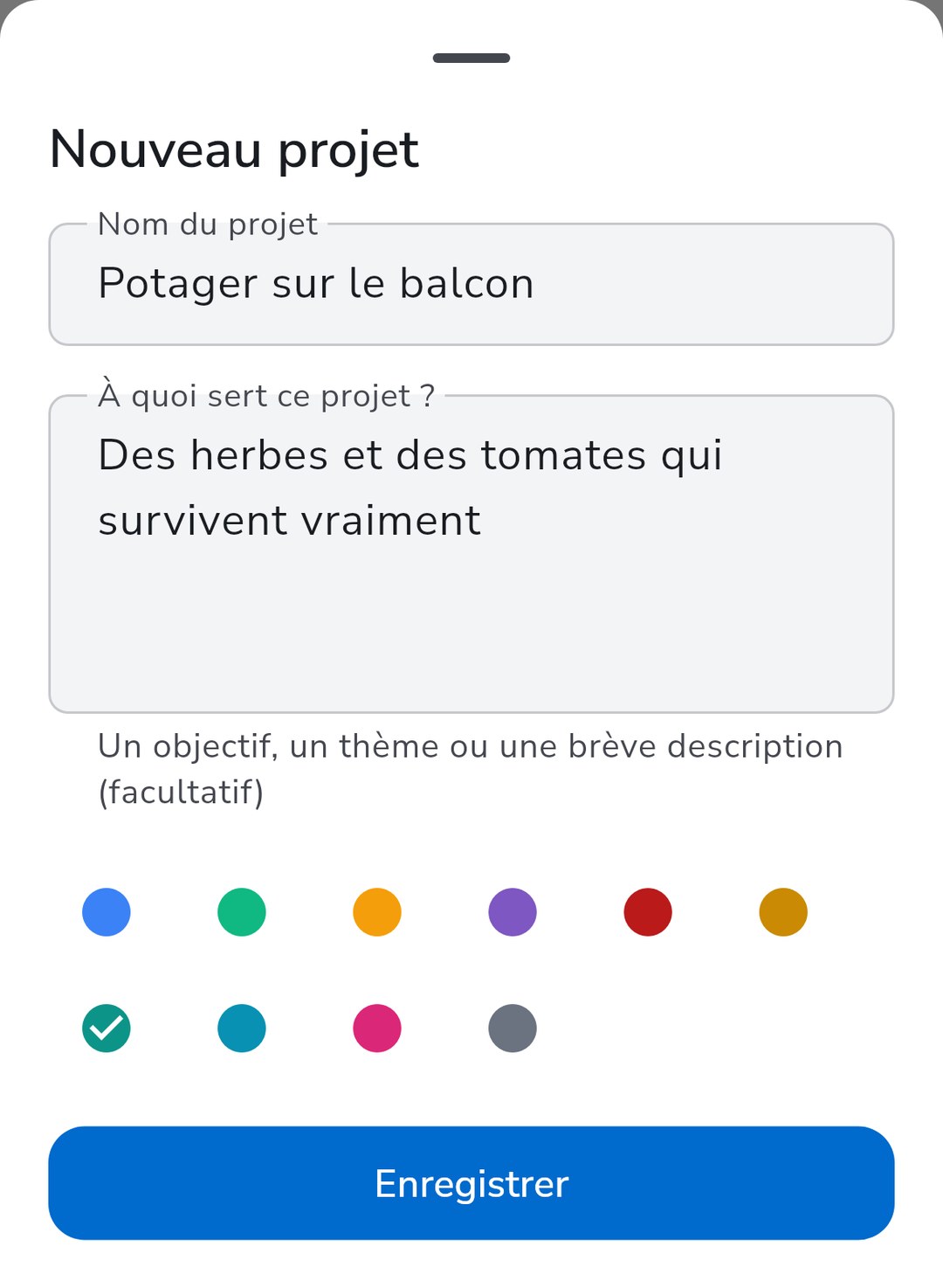 Créer un nouveau projet dans Recordo avec un nom, une courte description de son but et une couleur