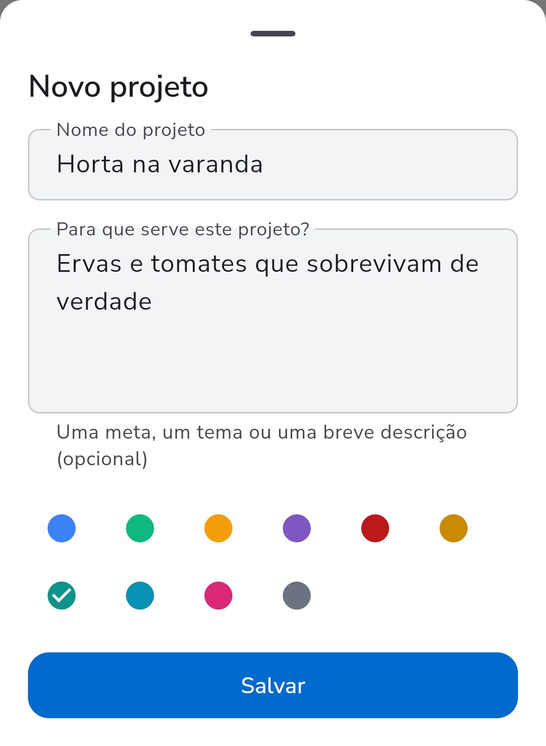 Criar um novo projeto no Recordo com um nome, uma breve descrição do objetivo e uma cor