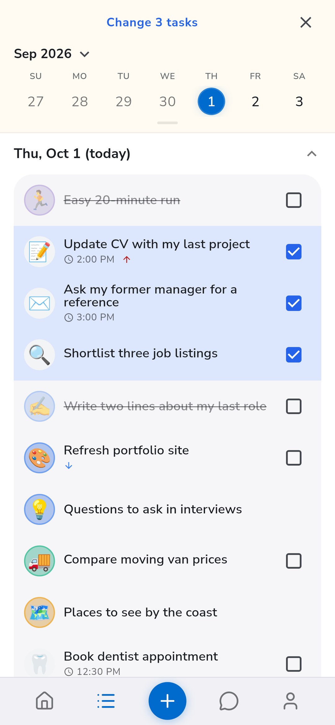 Three tasks selected in the Recordo task list, ready to move to a project