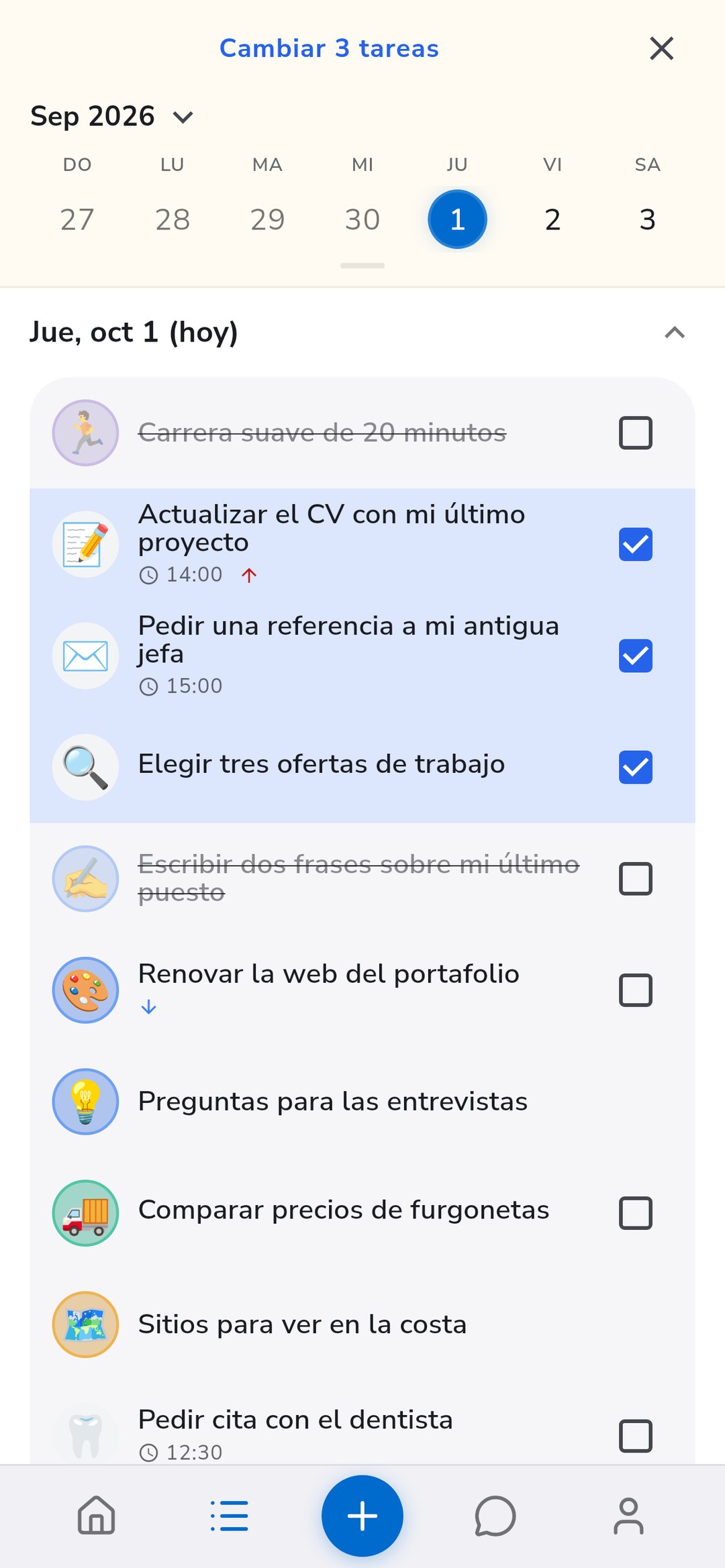 Tres tareas seleccionadas en la lista de Recordo, listas para moverlas a un proyecto