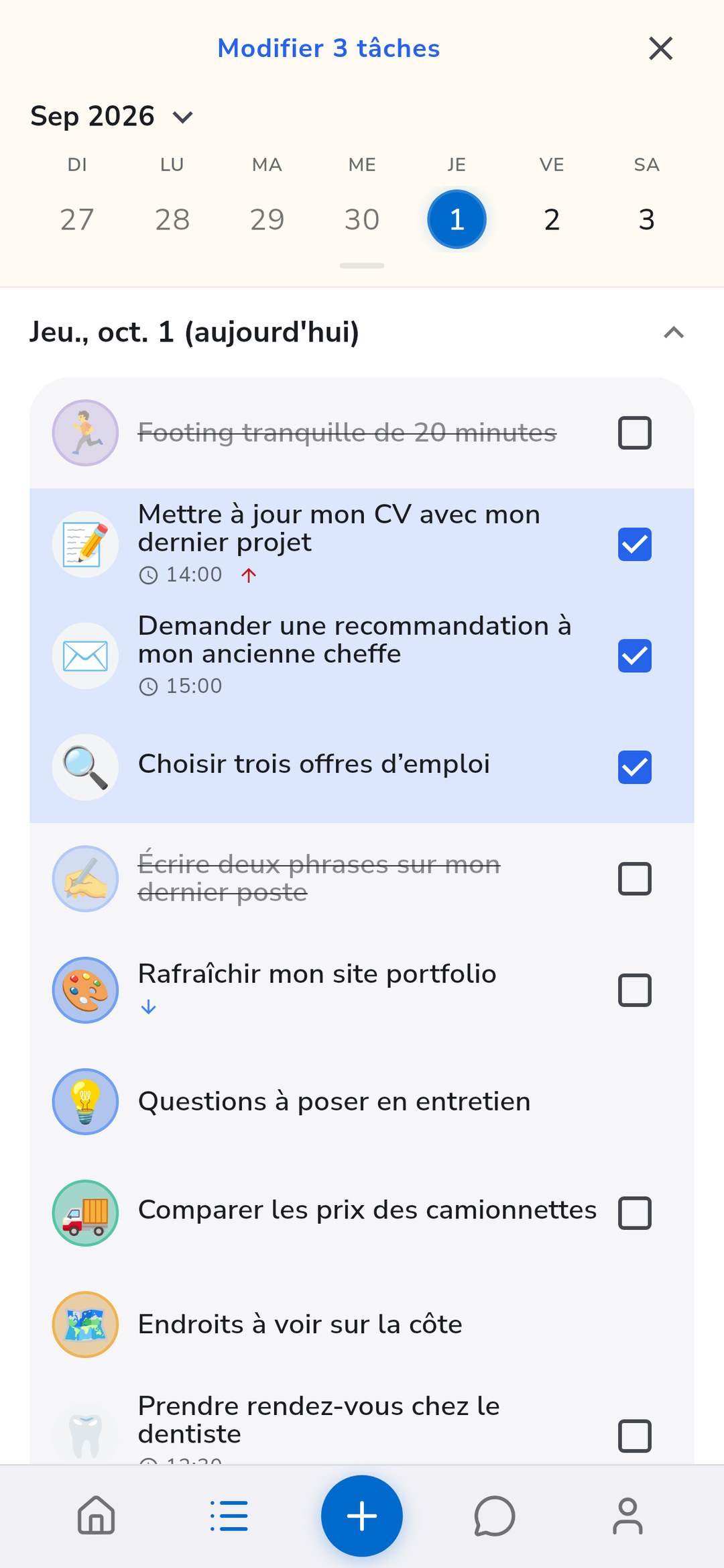 Trois tâches sélectionnées dans la liste Recordo, prêtes à être déplacées vers un projet