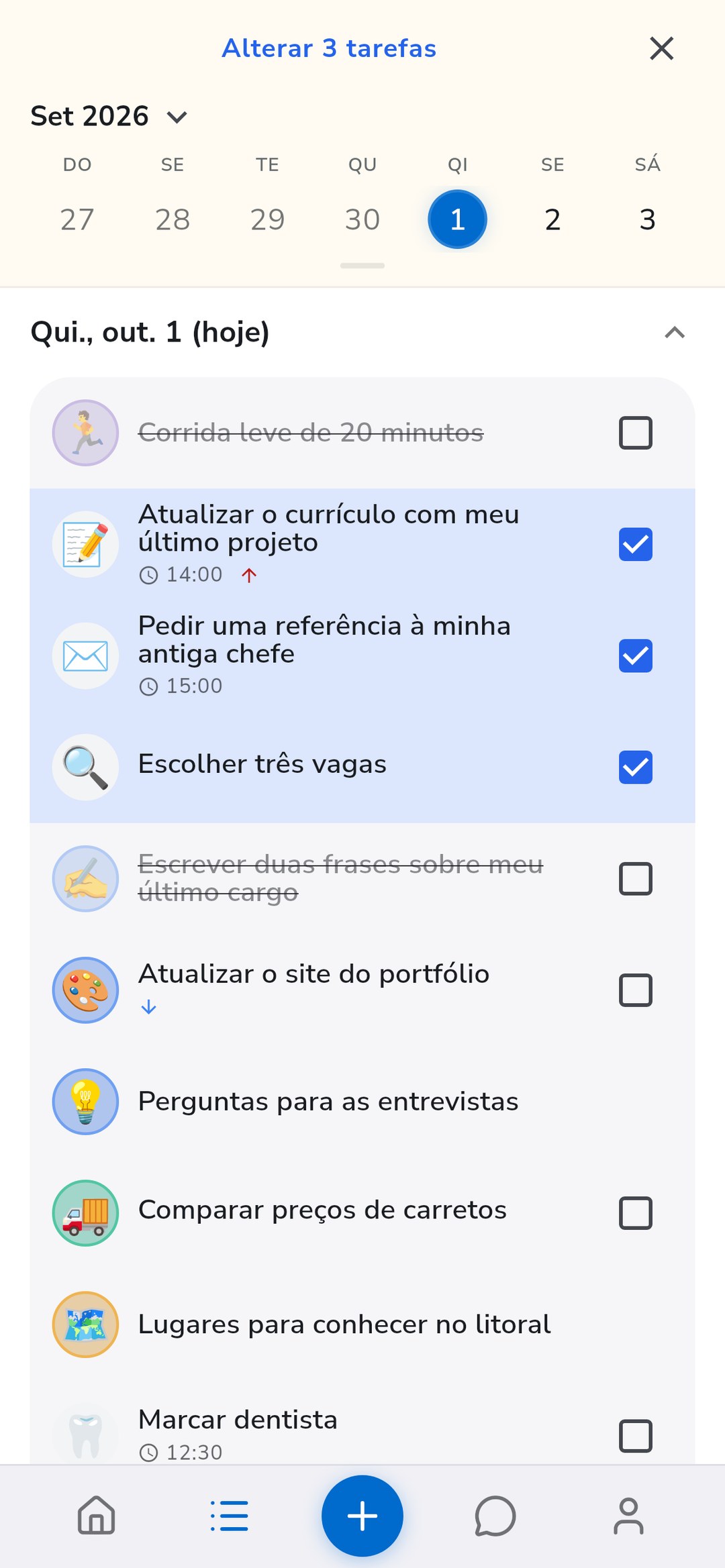Três tarefas selecionadas na lista do Recordo, prontas para mover para um projeto