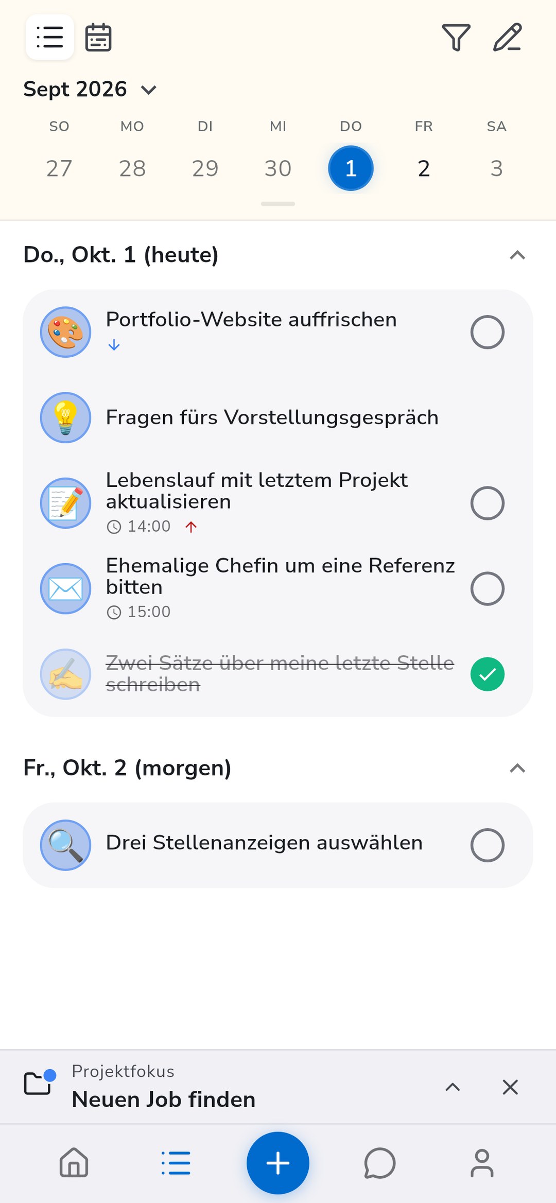 Die Recordo Aufgabenliste, beschränkt auf das fokussierte Projekt, mit Aufgaben für heute, einer Notiz und einer Aufgabe für morgen