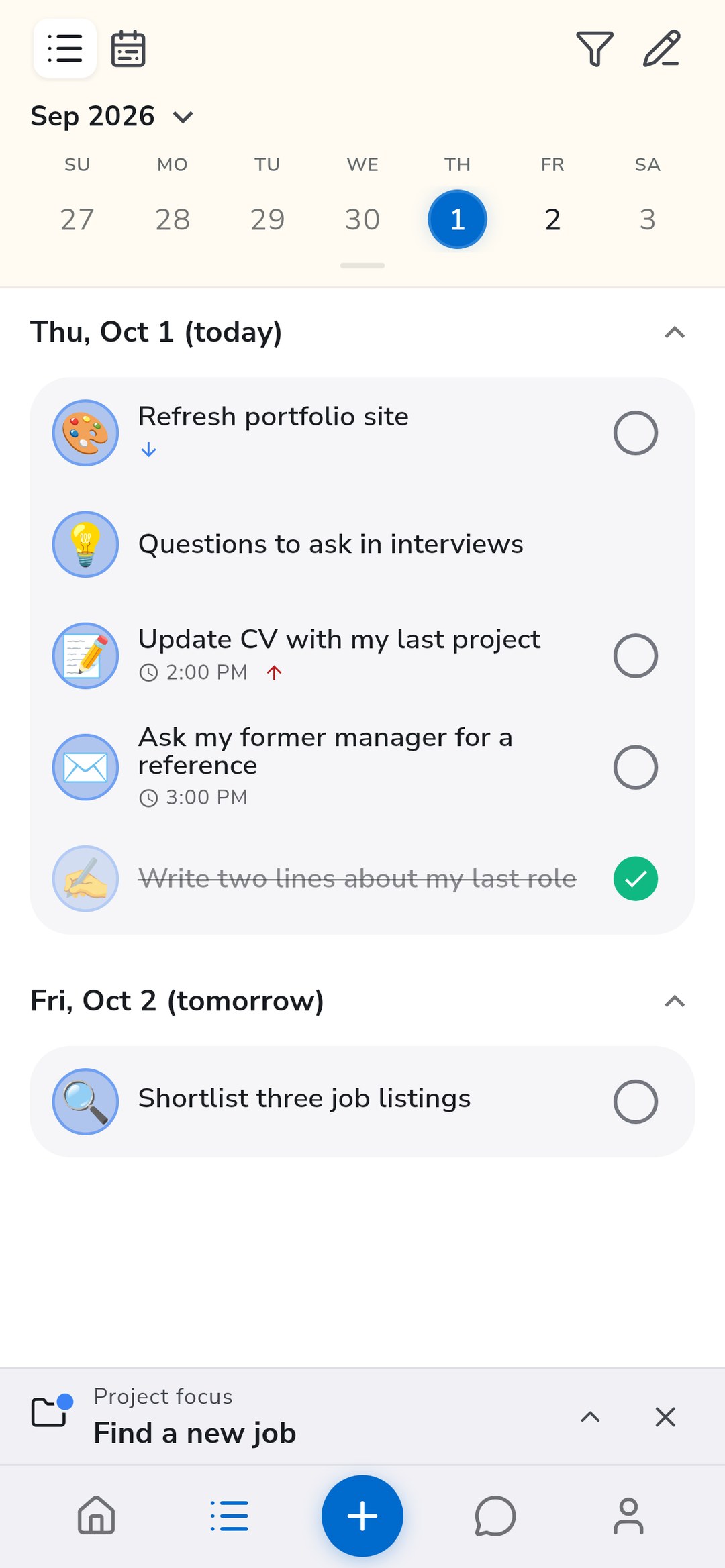 The Recordo task list limited to the focused project, with today's tasks, a note, and tomorrow's task