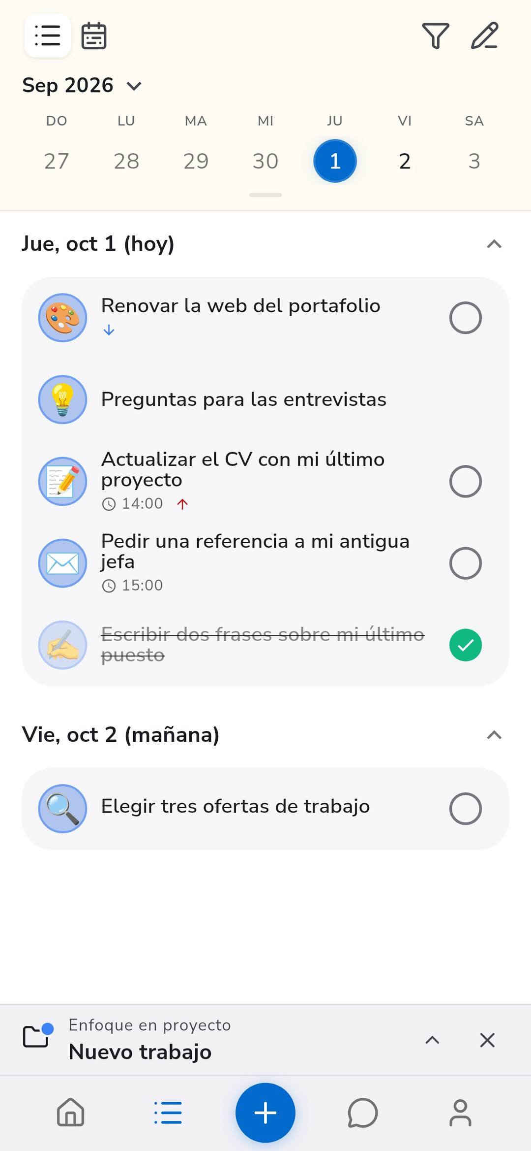 La lista de tareas de Recordo limitada al proyecto en foco, con tareas de hoy, una nota y una tarea de mañana
