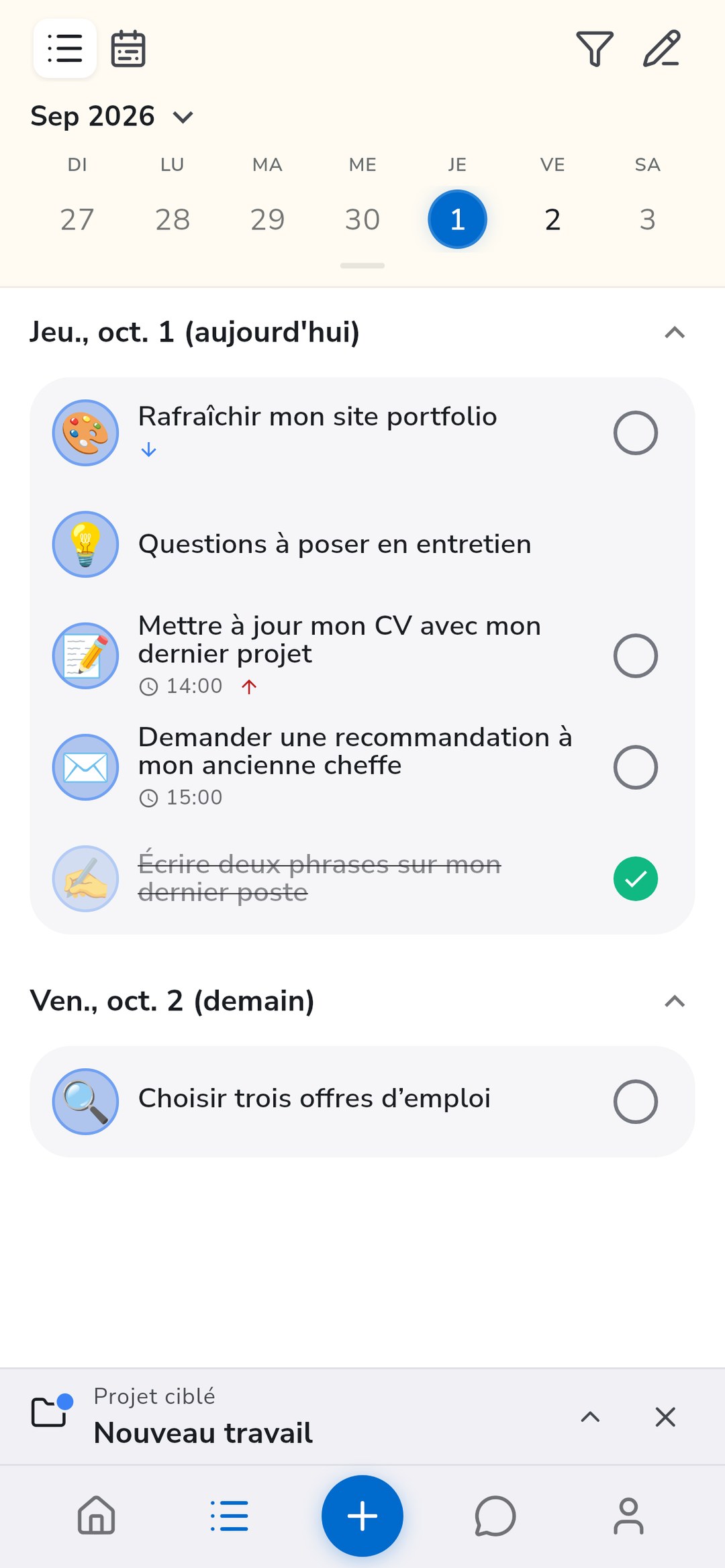 La liste de tâches Recordo limitée au projet ciblé, avec les tâches du jour, une note et une tâche pour demain
