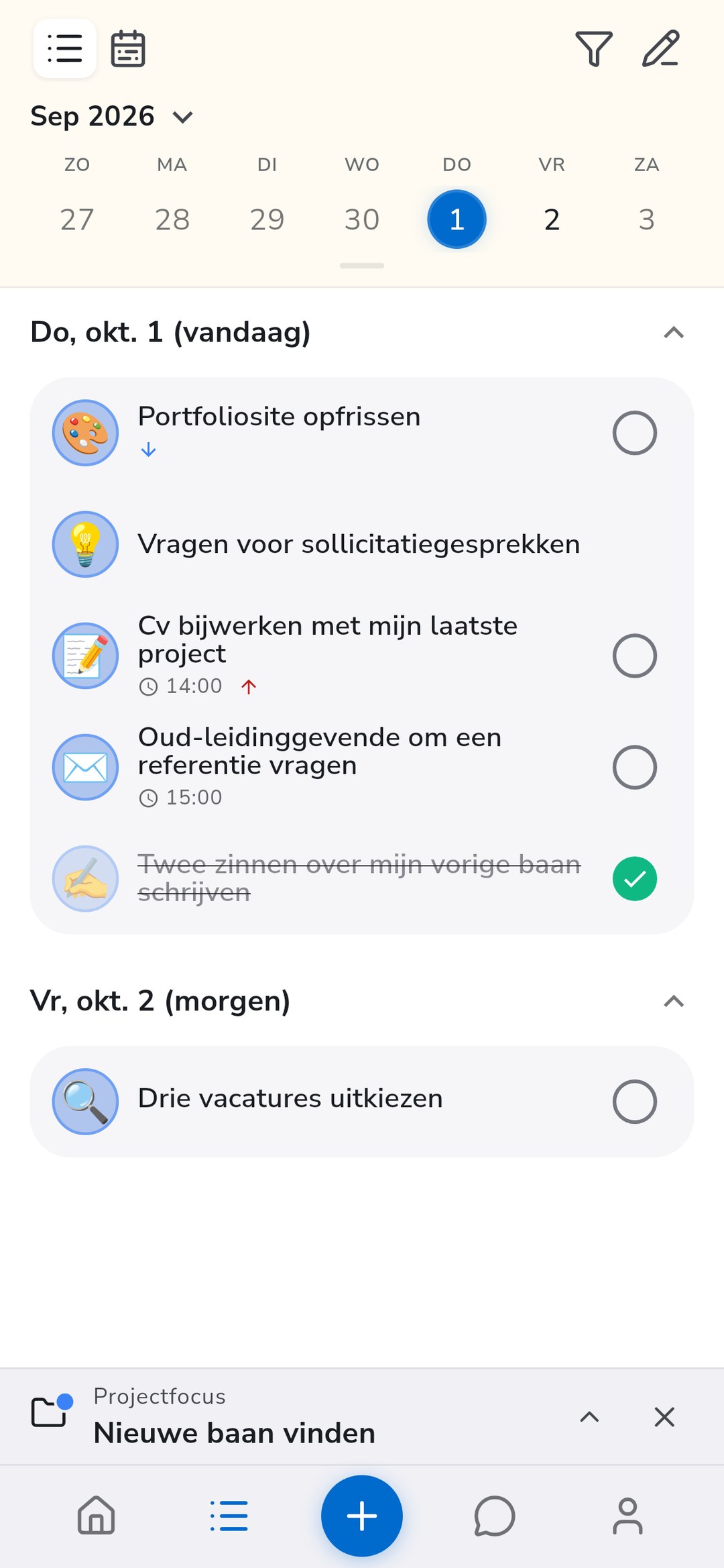 De Recordo-takenlijst beperkt tot het project in focus, met taken voor vandaag, een notitie en een taak voor morgen