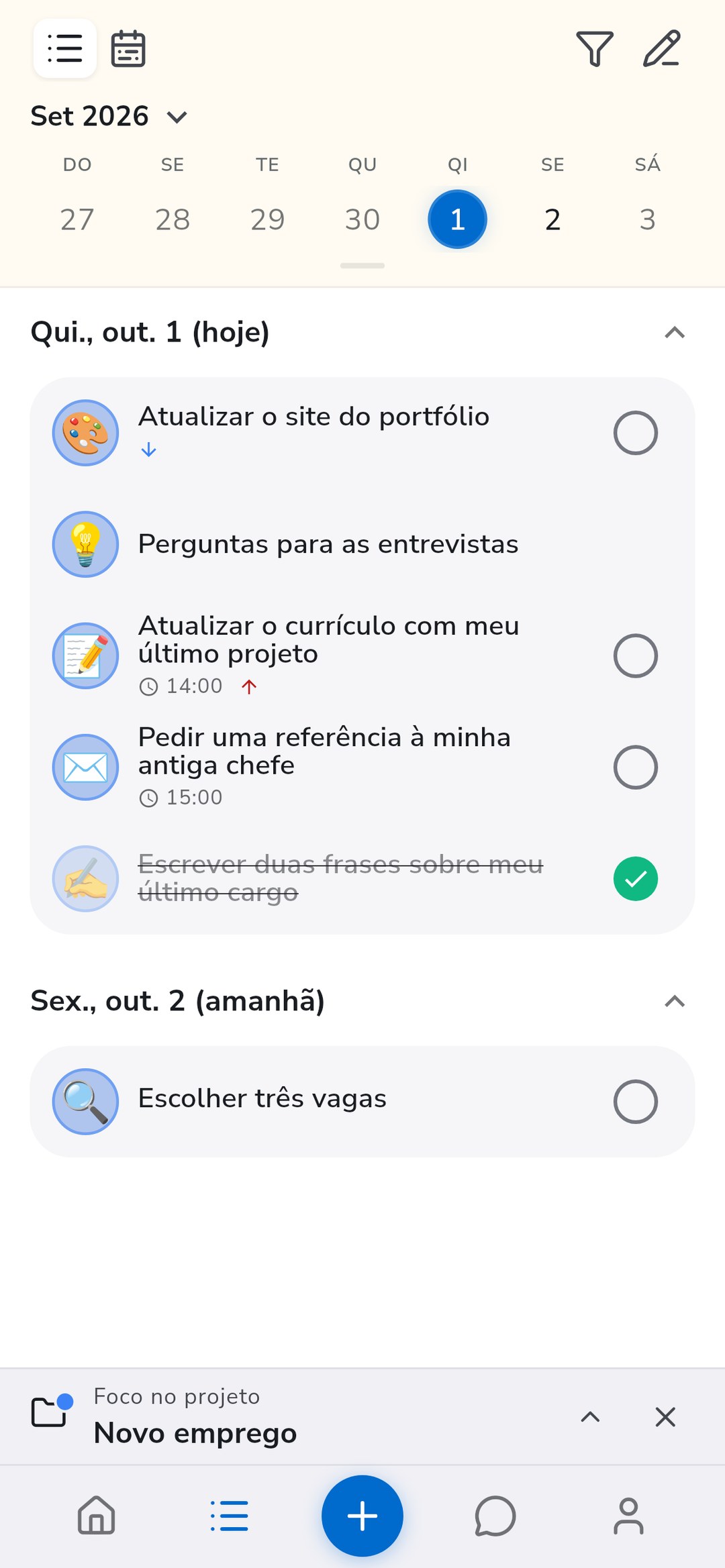 A lista de tarefas do Recordo limitada ao projeto em foco, com tarefas de hoje, uma nota e uma tarefa de amanhã