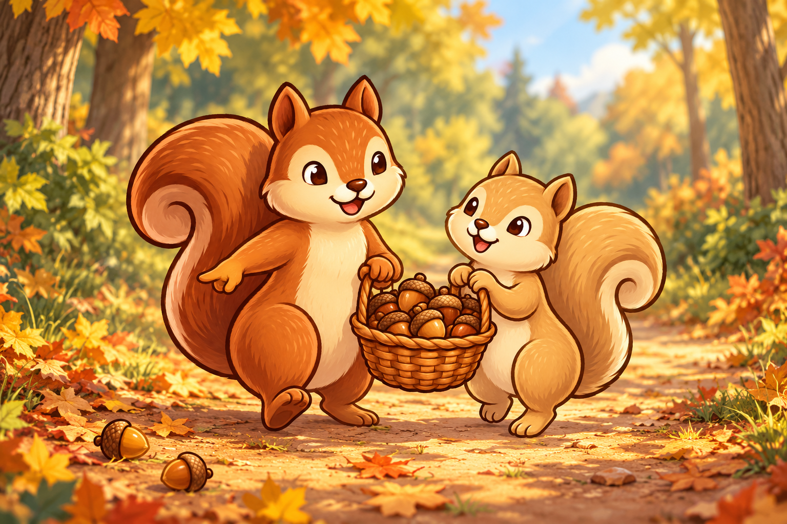 Due scoiattoli dei cartoni animati che portano insieme un cesto di ghiande lungo un sentiero nel bosco d'autunno