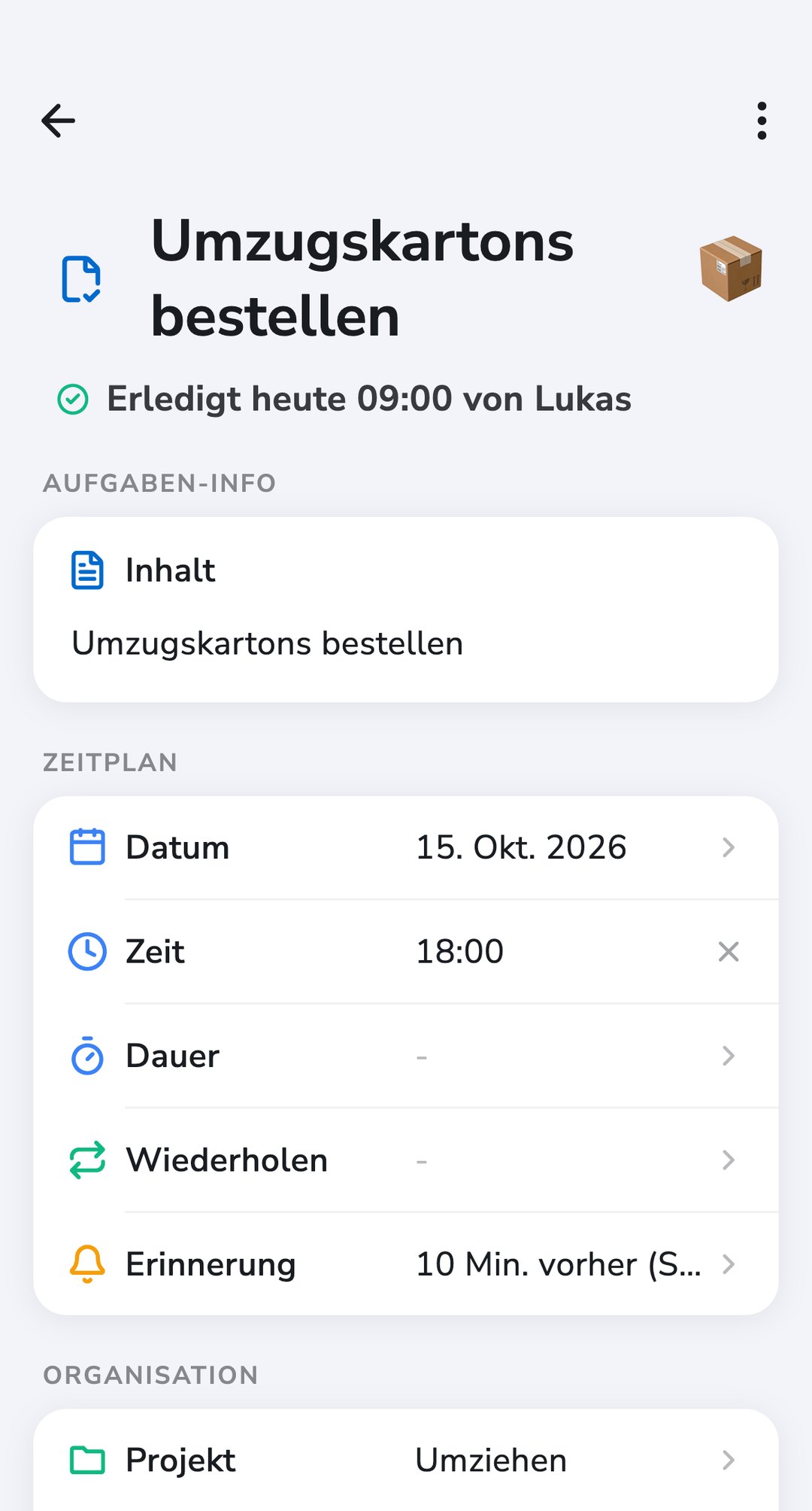 Eine Recordo Aufgabe, „Umzugskartons bestellen“, heute von Lukas erledigt, im Projekt „Umziehen“