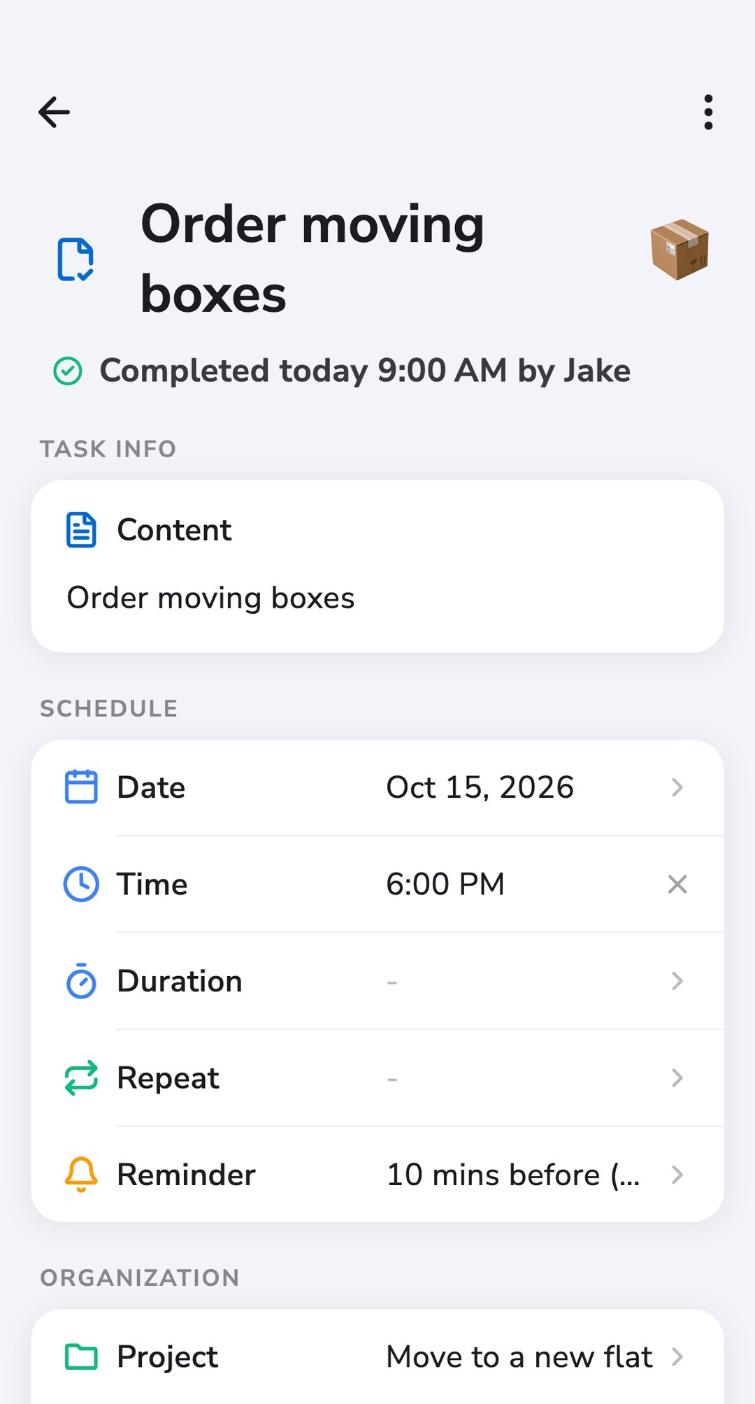 A Recordo task, “Order moving boxes”, marked as completed today by Jake, in the project “Move to a new flat”
