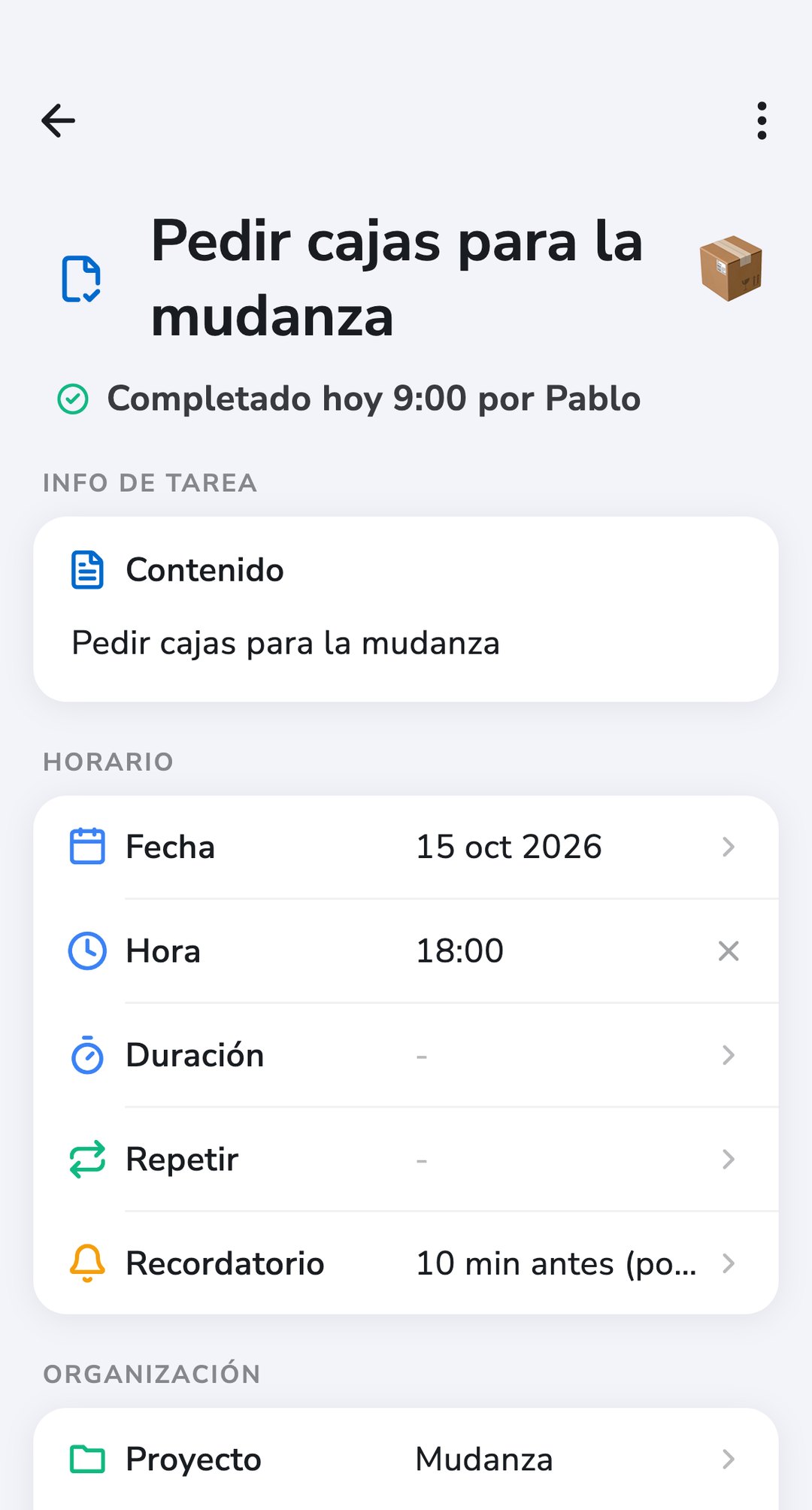 Una tarea de Recordo, «Pedir cajas para la mudanza», completada hoy por Pablo en el proyecto «Mudanza»