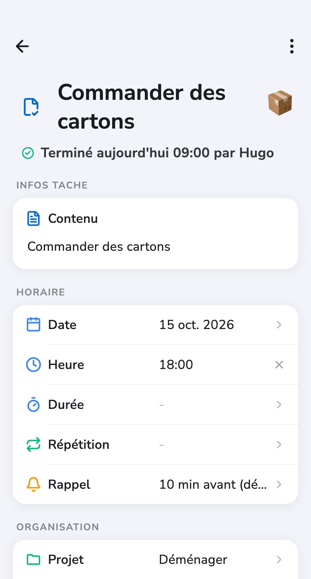 Une tâche Recordo, « Commander des cartons », marquée comme terminée aujourd’hui par Hugo, dans le projet « Déménager »