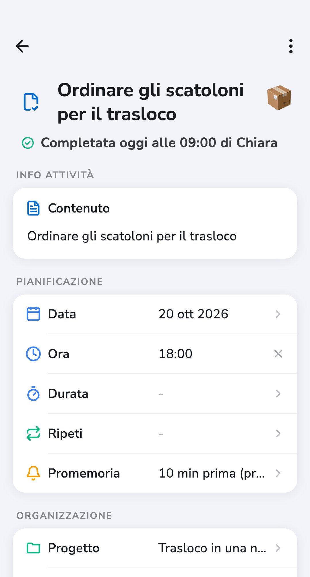 Un'attività di Recordo, «Ordinare gli scatoloni», segnata come completata oggi da Jake, nel progetto «Trasloco nel nuovo appartamento»