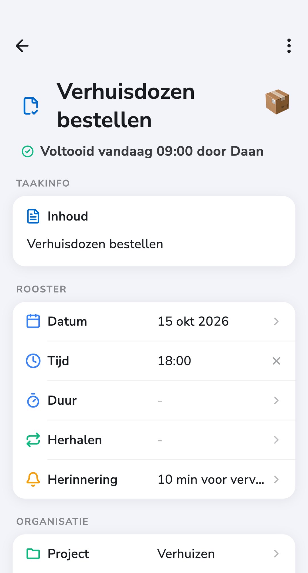 Een Recordo-taak, 'Verhuisdozen bestellen', vandaag afgerond door Daan, in het project 'Verhuizen'