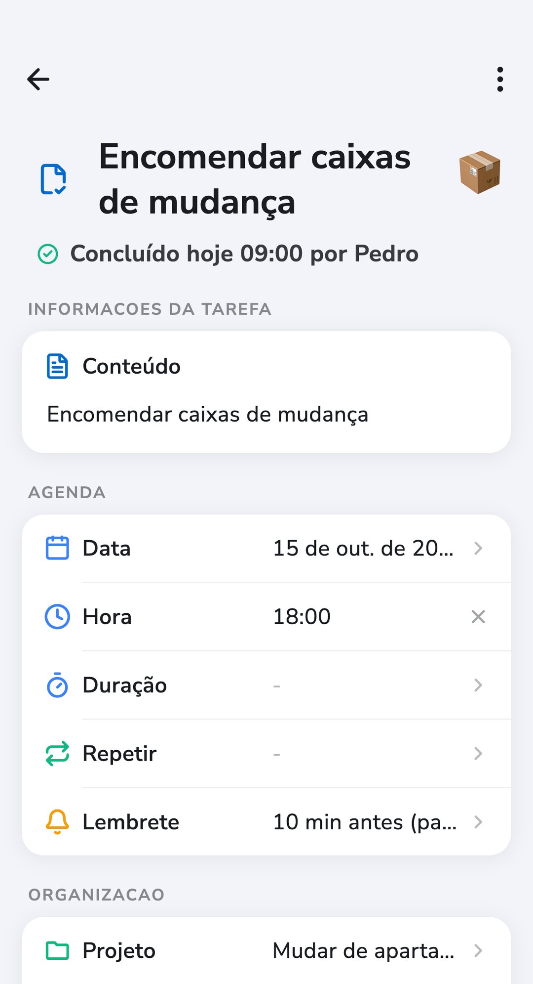 Uma tarefa do Recordo, «Encomendar caixas de mudança», marcada como concluída hoje pelo Pedro, no projeto «Mudar de apartamento»
