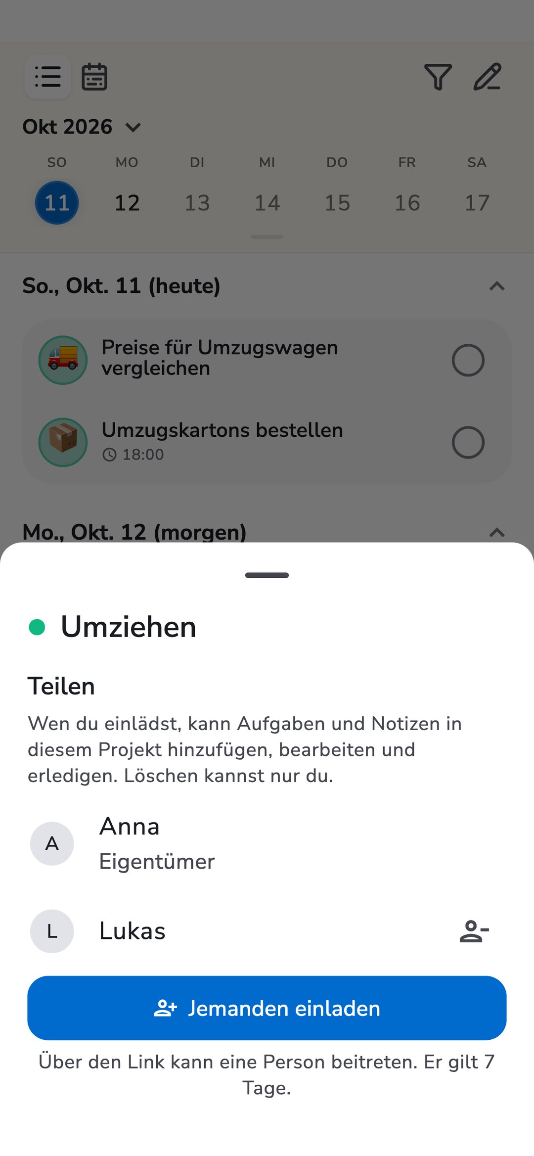 Recordo-Aufgabenliste des Projekts „Umziehen“ mit geöffnetem Teilen-Fenster: Anna als Eigentümerin, Lukas und der Button „Jemanden einladen“.