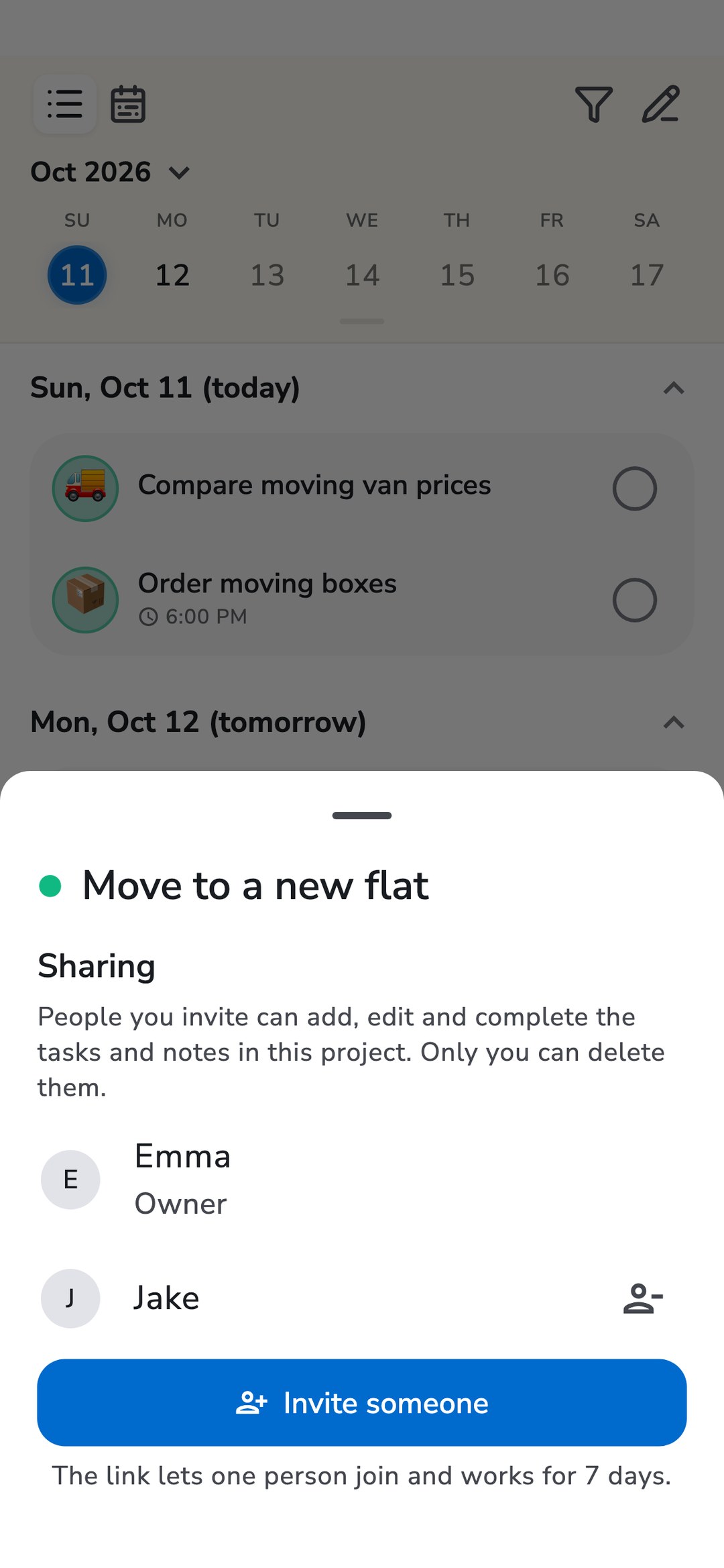 Recordo task list of the project “Move to a new flat” with the Sharing sheet open: Emma as owner, Jake, and the “Invite someone” button.