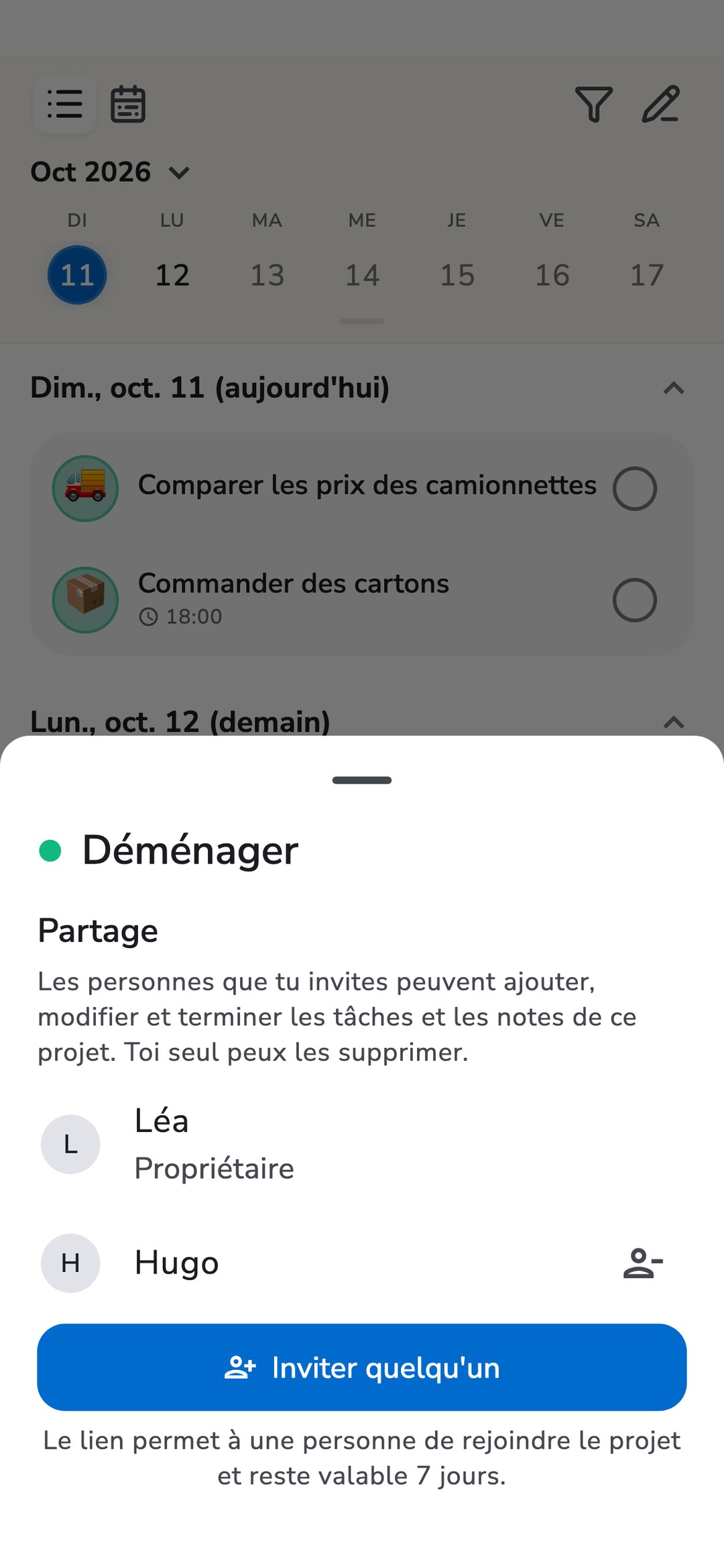 Liste de tâches du projet « Déménager » dans Recordo avec la feuille Partage ouverte : Léa comme propriétaire, Hugo et le bouton « Inviter quelqu'un ».