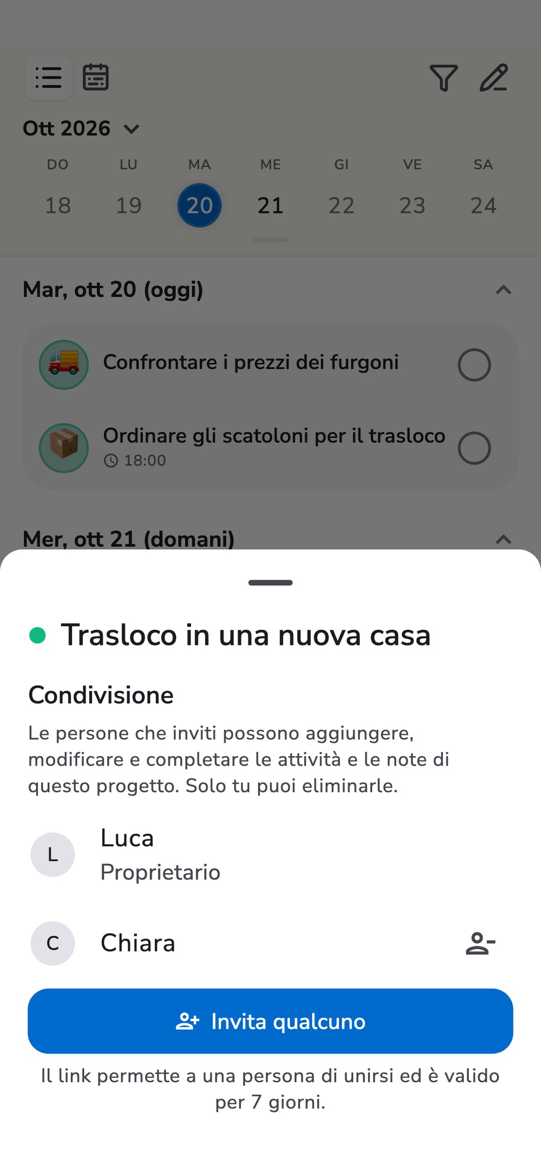 Il pannello di condivisione del progetto «Trasloco nel nuovo appartamento» in Recordo: Emma come proprietaria, Jake come membro e il pulsante Invita qualcuno