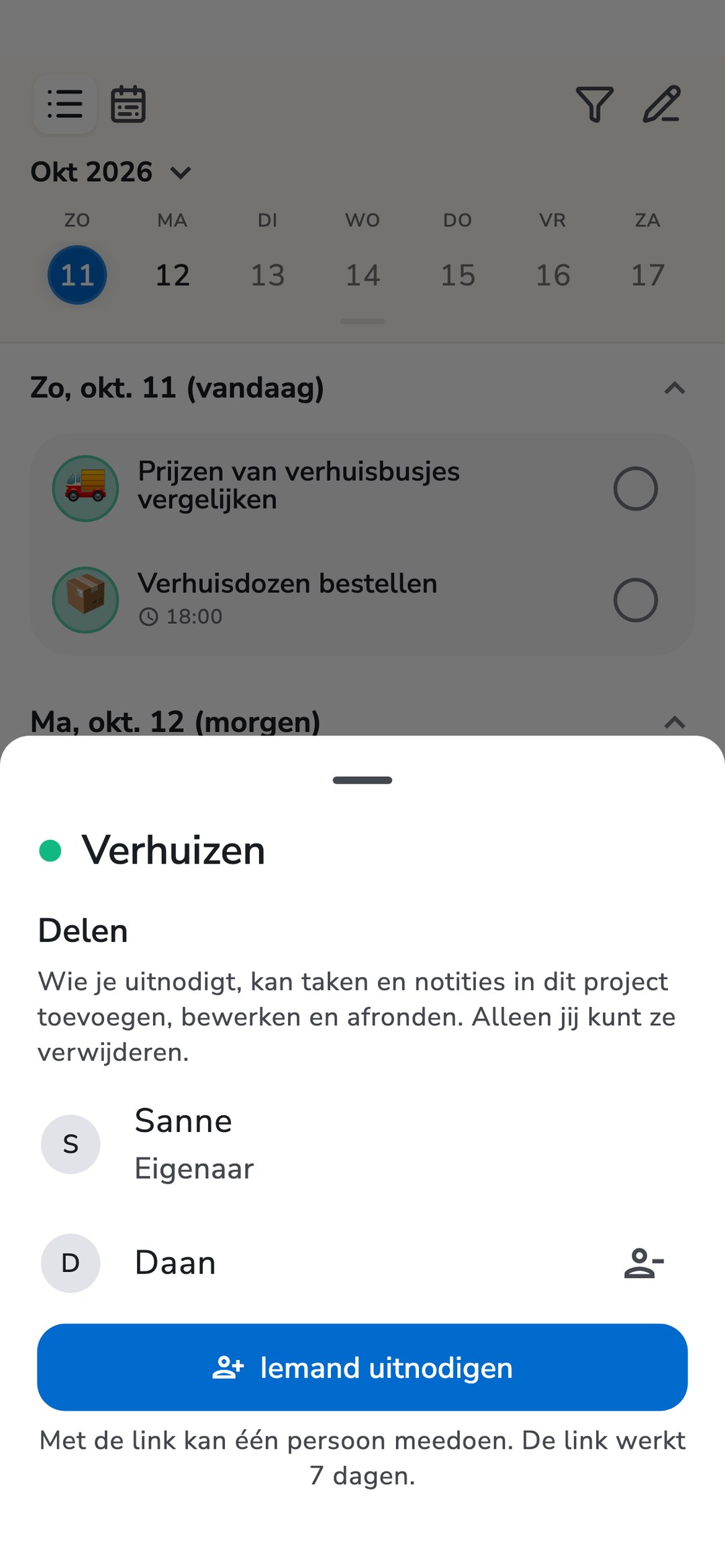Takenlijst van het project ‘Verhuizen’ in Recordo met het Delen-venster open: Sanne als eigenaar, Daan en de knop ‘Iemand uitnodigen’.
