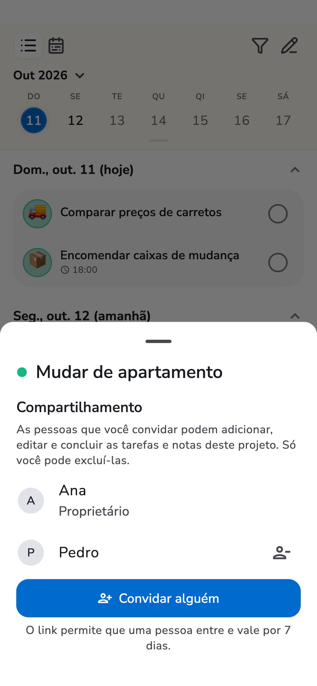 Lista de tarefas do projeto “Mudar de apartamento” no Recordo com a tela Compartilhamento aberta: Ana como proprietária, Pedro e o botão “Convidar alguém”.
