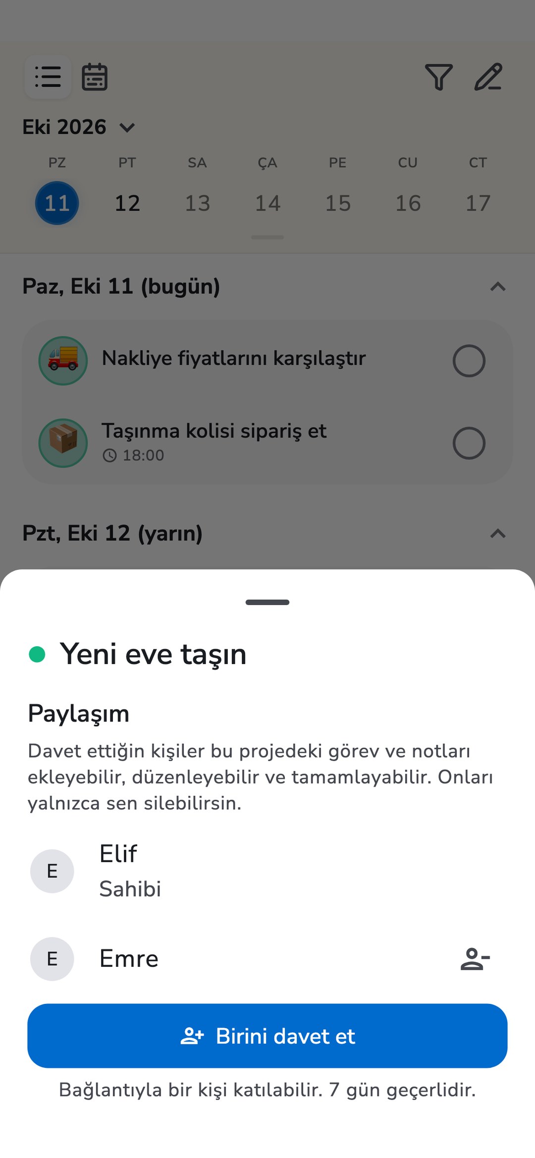 Recordo'da “Yeni eve taşın” projesinin görev listesi ve açık Paylaşım sayfası: proje sahibi Elif, Emre ve “Birini davet et” düğmesi.