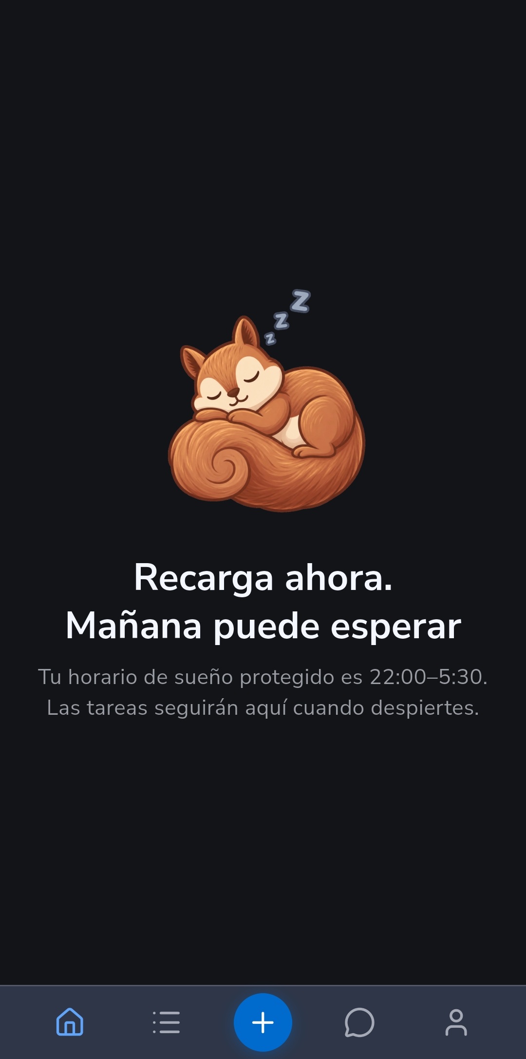 La pantalla de inicio de Recordo muestra una ardilla dormida durante el horario de sueño protegido