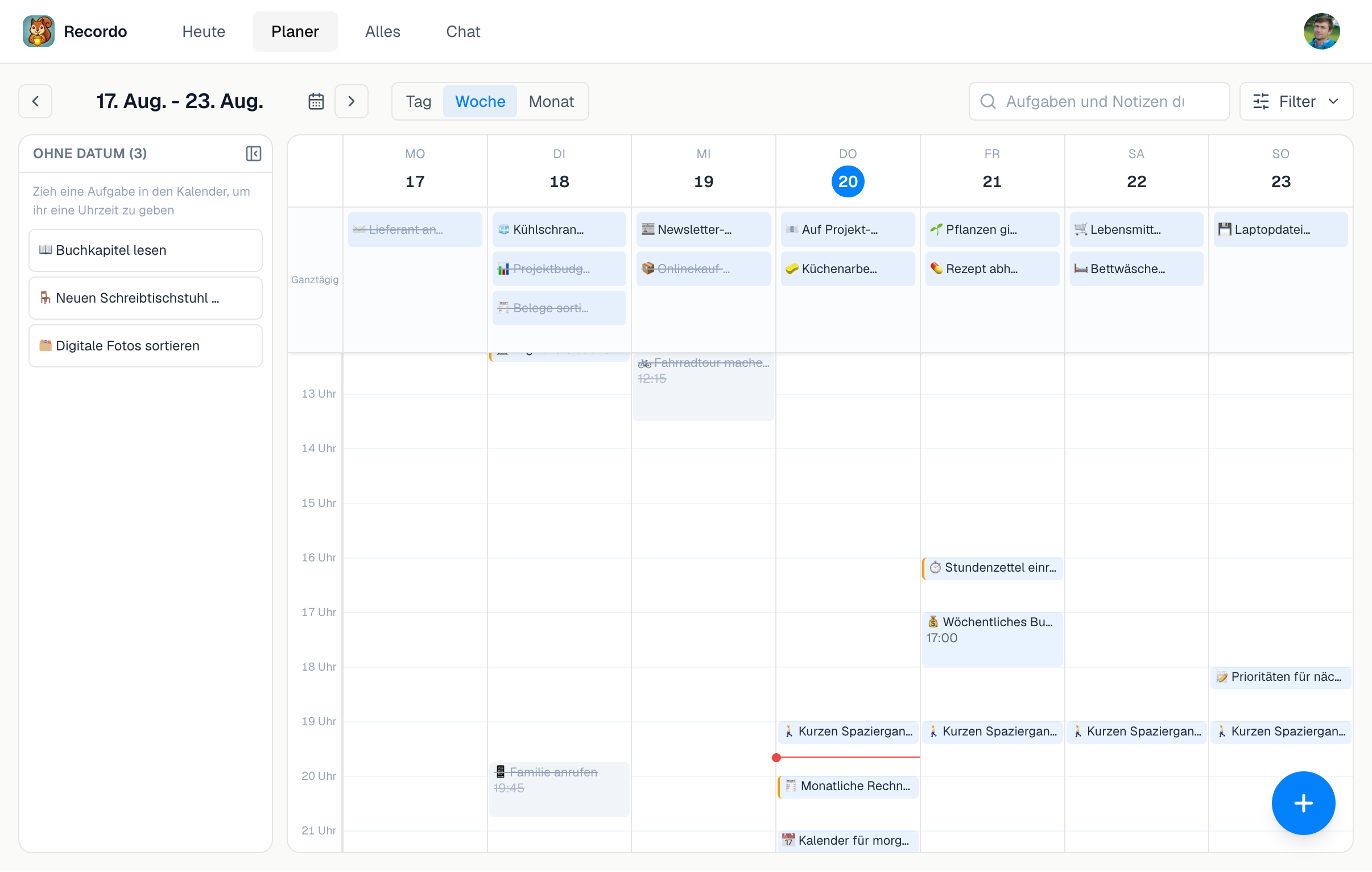 Der Wochenplaner in der Recordo Desktop-Web-App