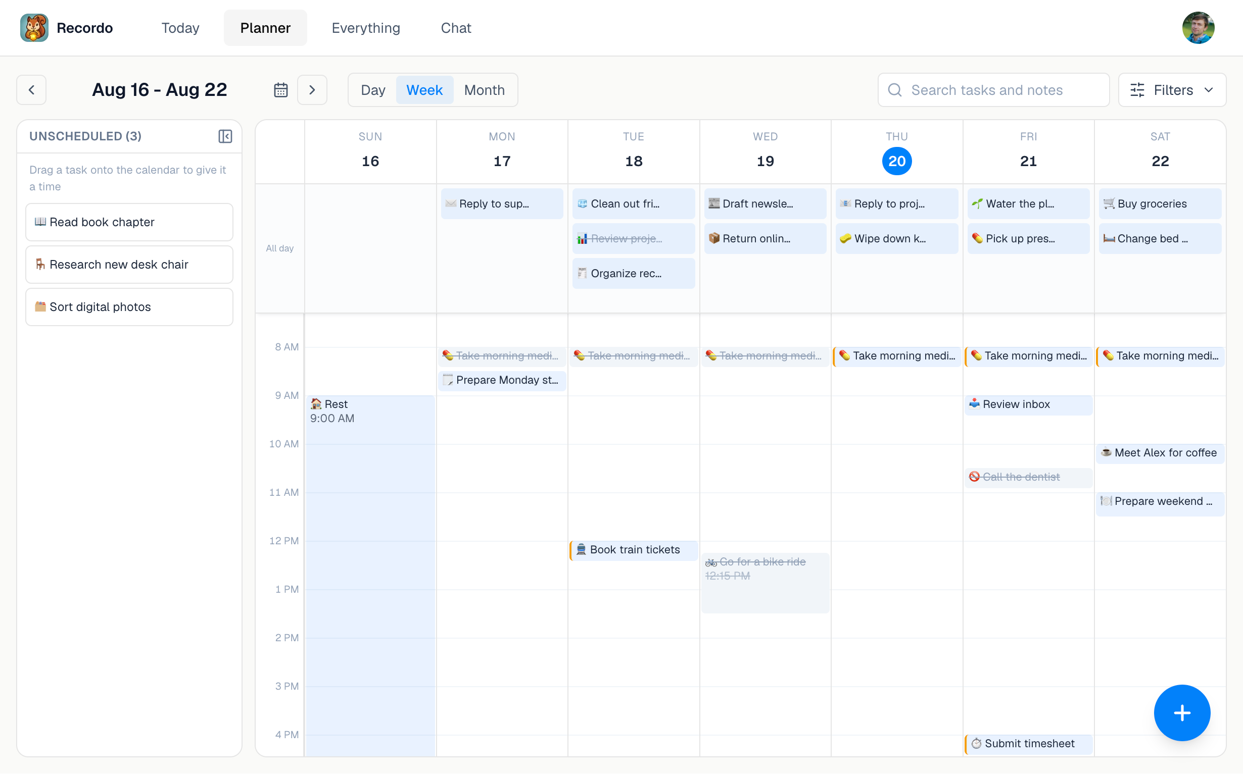 Recordo week Planner in the desktop web app