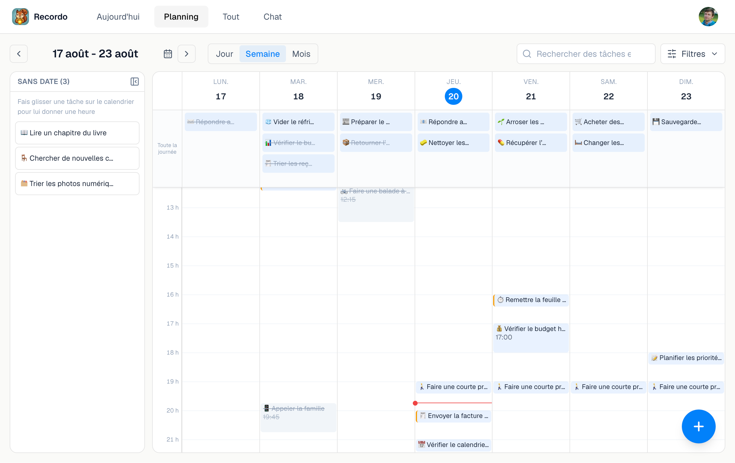 Planning hebdomadaire de Recordo dans l'application web pour ordinateur