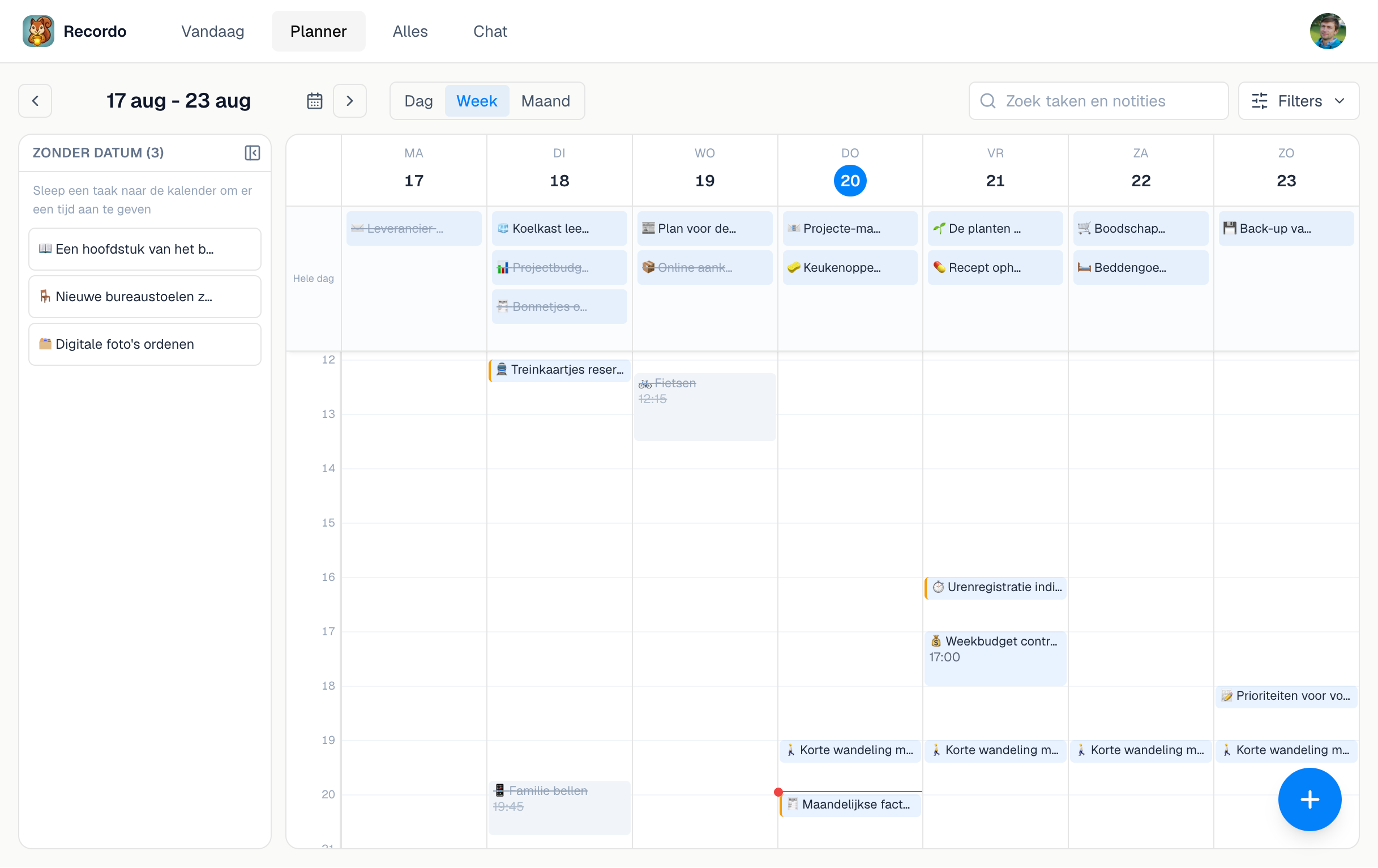 De weekweergave van Planner in de desktopwebapp van Recordo