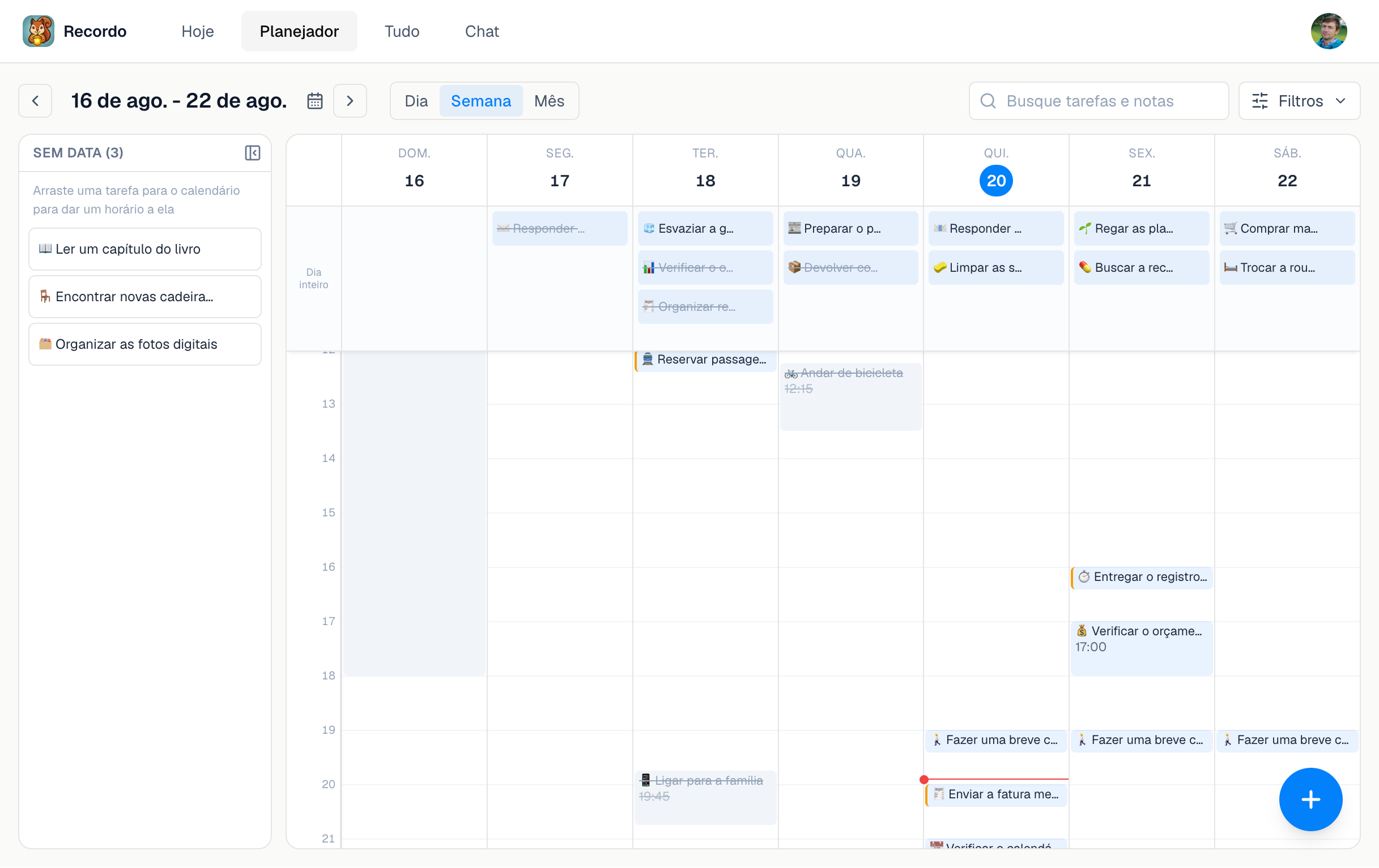 Planejador semanal do Recordo no app web para desktop