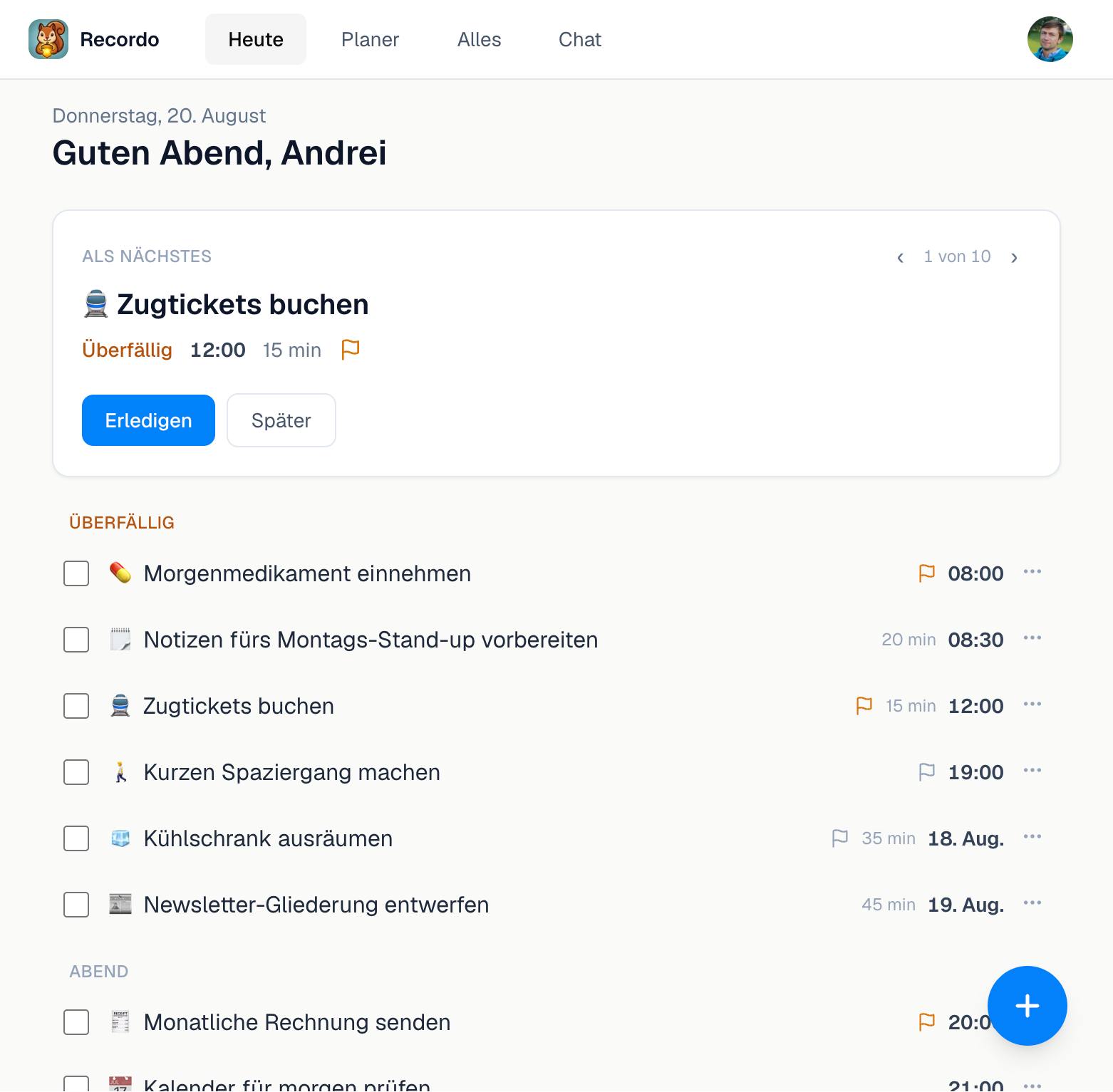Die Seite Heute in der Recordo Desktop-Web-App