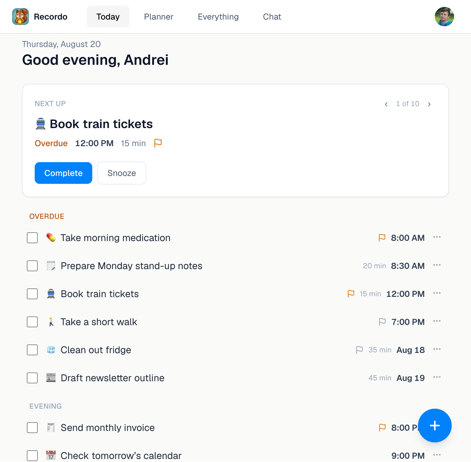 Recordo Today page in the desktop web app