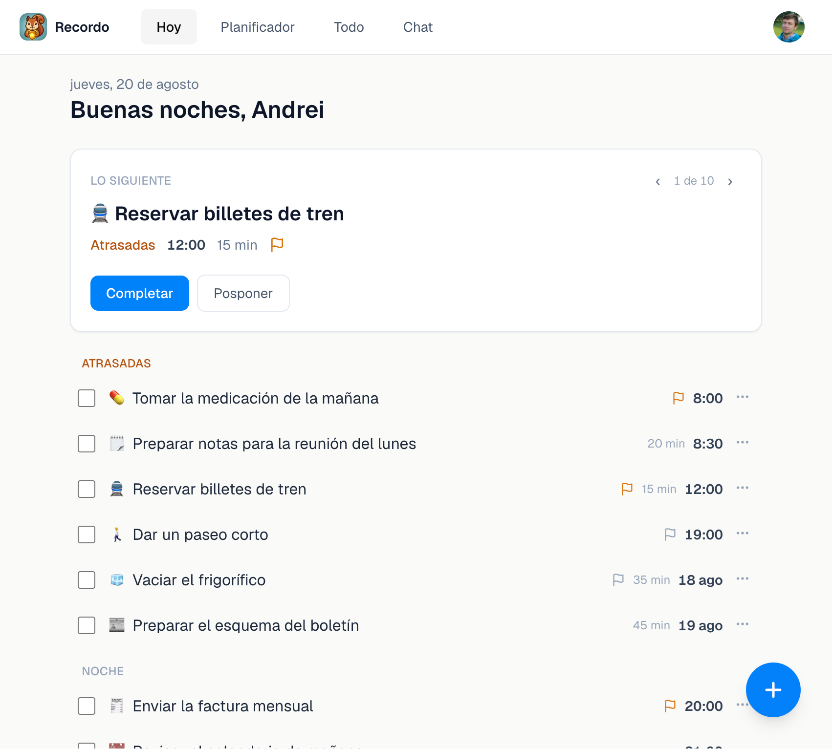 Página Hoy de Recordo en la aplicación web de escritorio