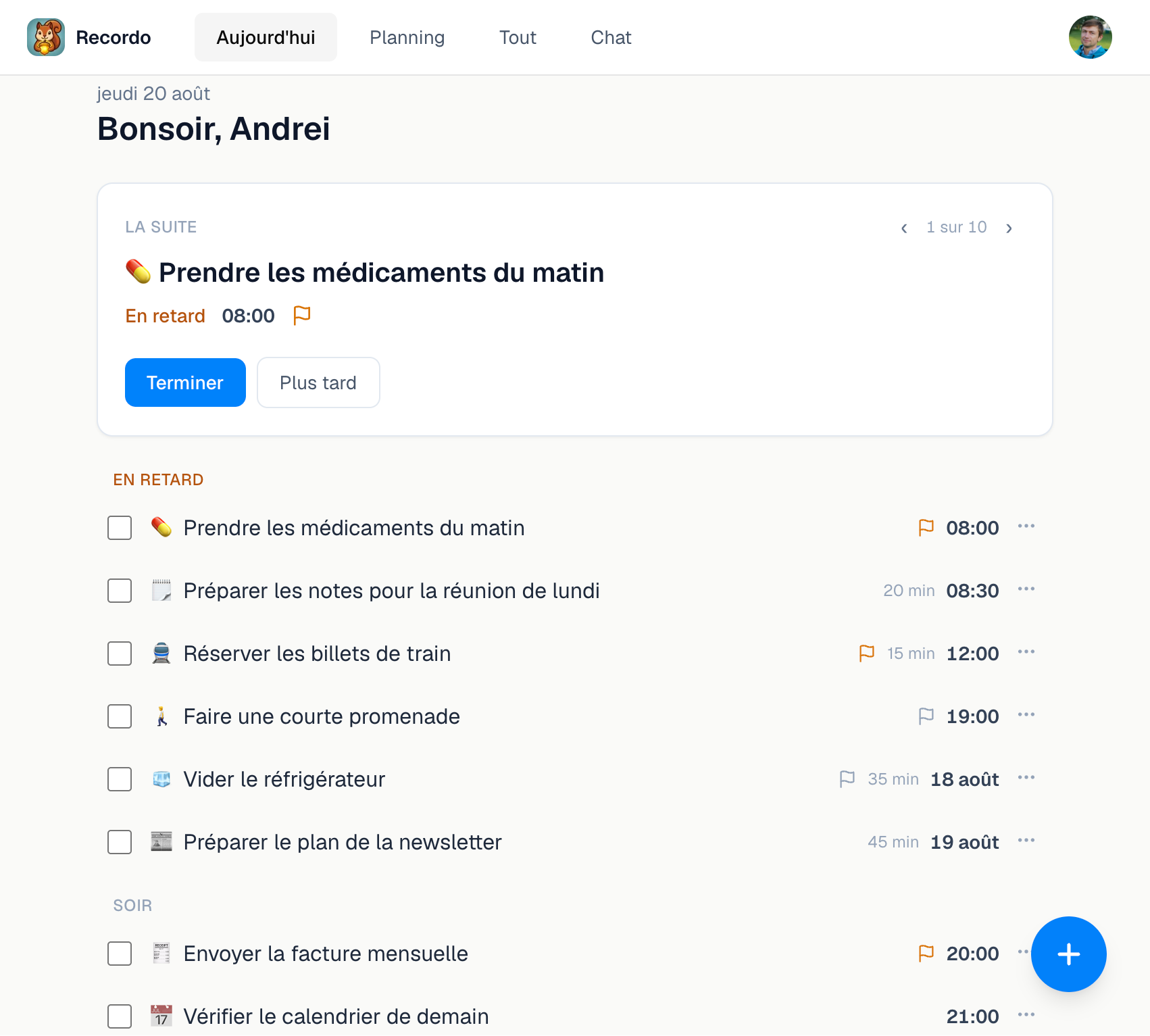 Page Aujourd'hui de Recordo dans l'application web pour ordinateur